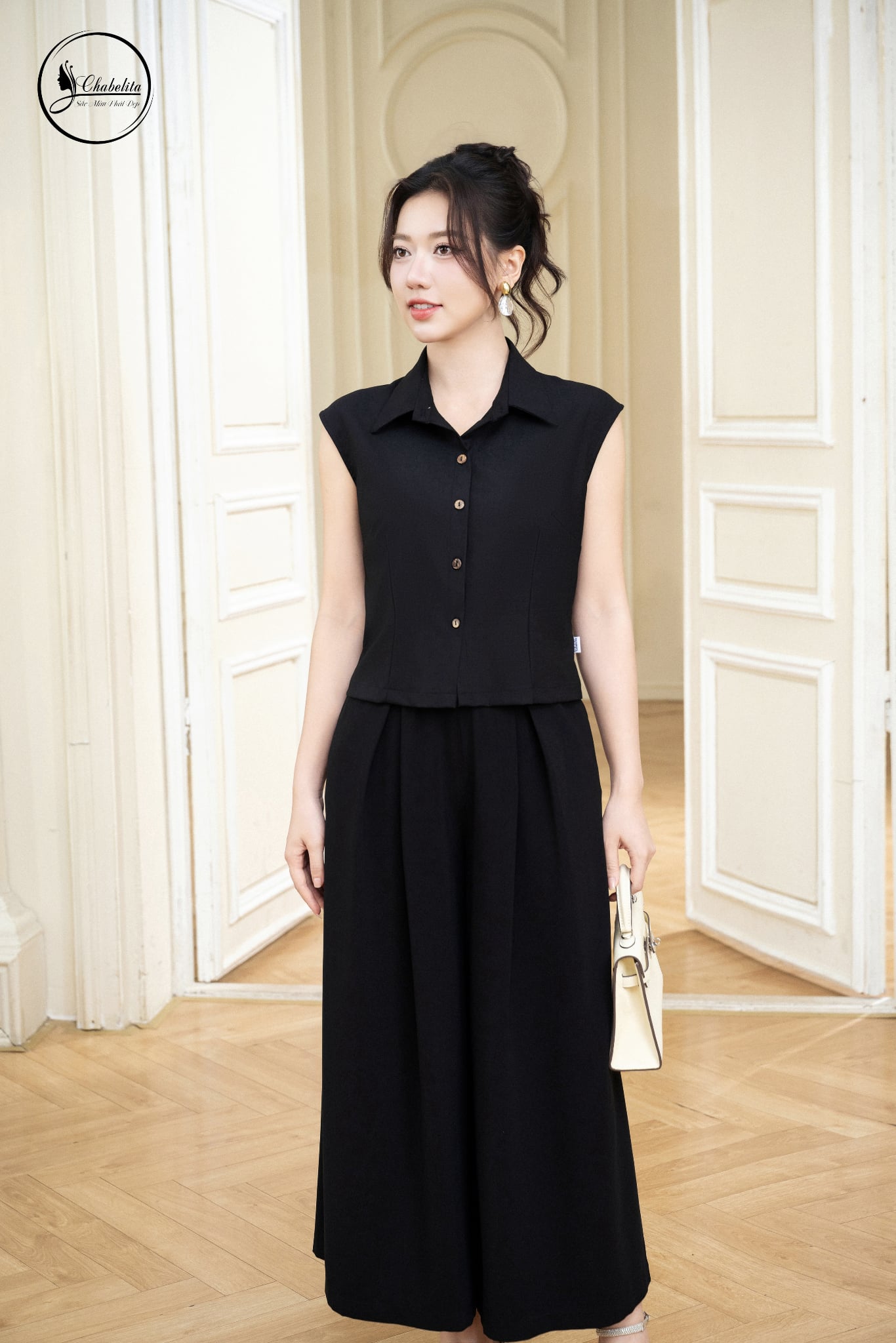 Áo cổ đức tay hến đũi đen