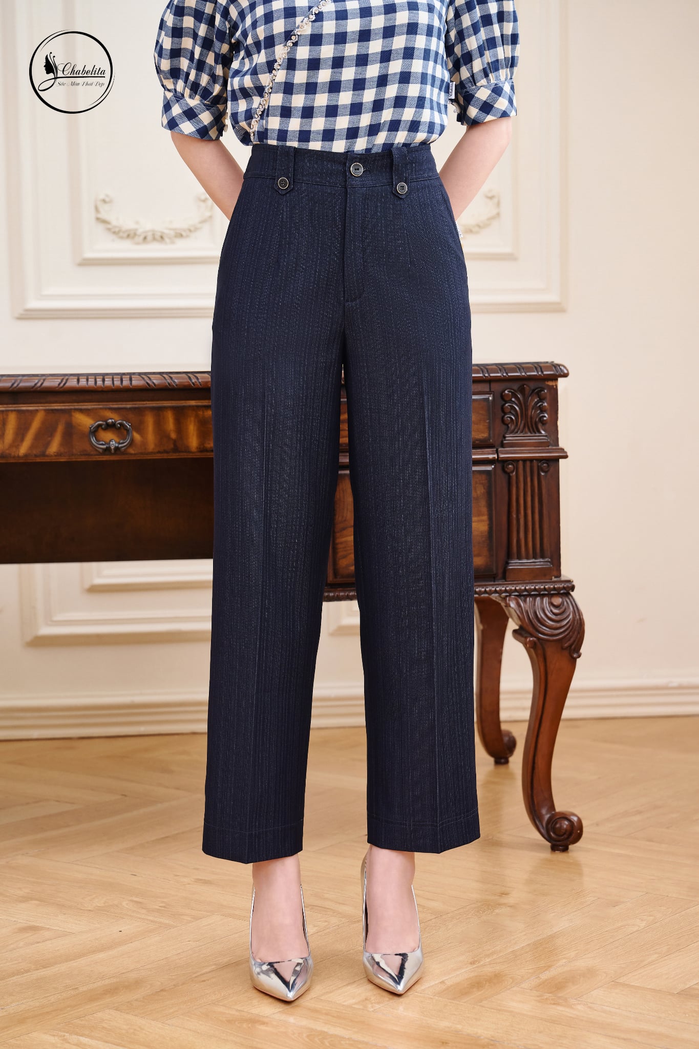 Quần suông cạp chun 1 khuy màu xanh