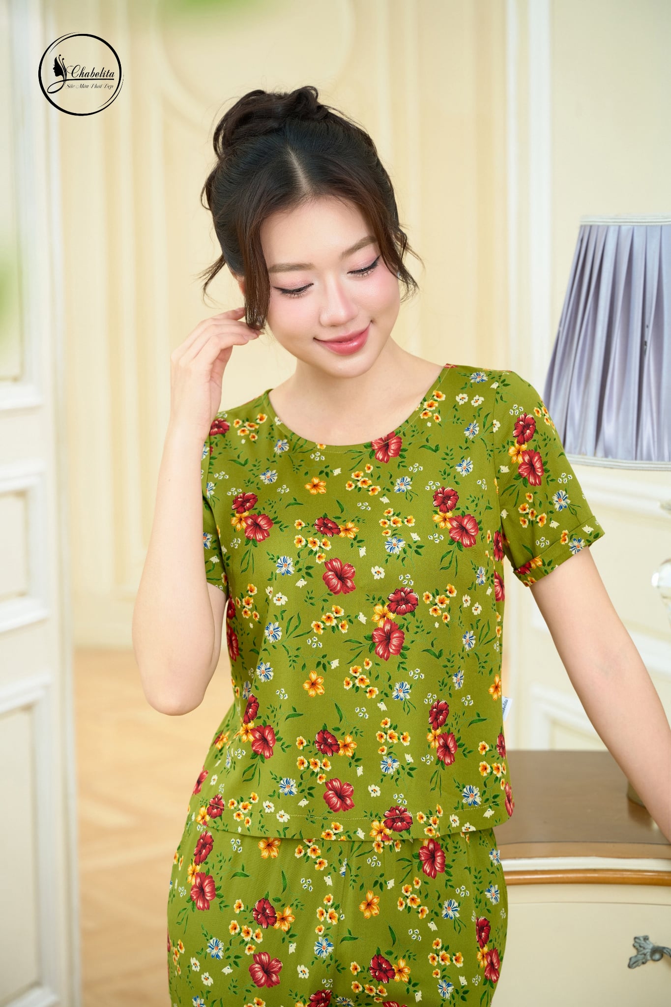 Sét bộ áo cộc tay cổ tròn hoa cốm