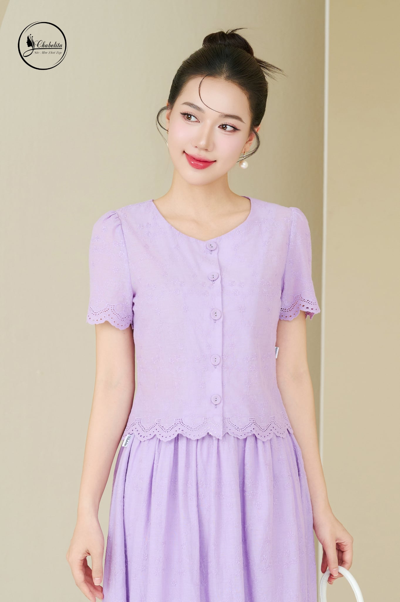 Sét bộ ren áo phối chân xòe màu tím