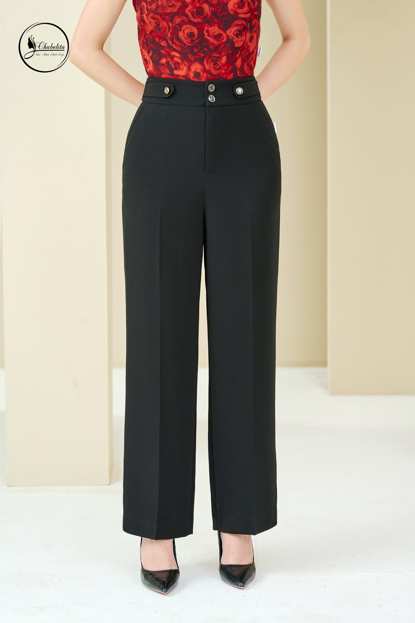 Quần suông cạp cách điệu 2 cúc màu đen