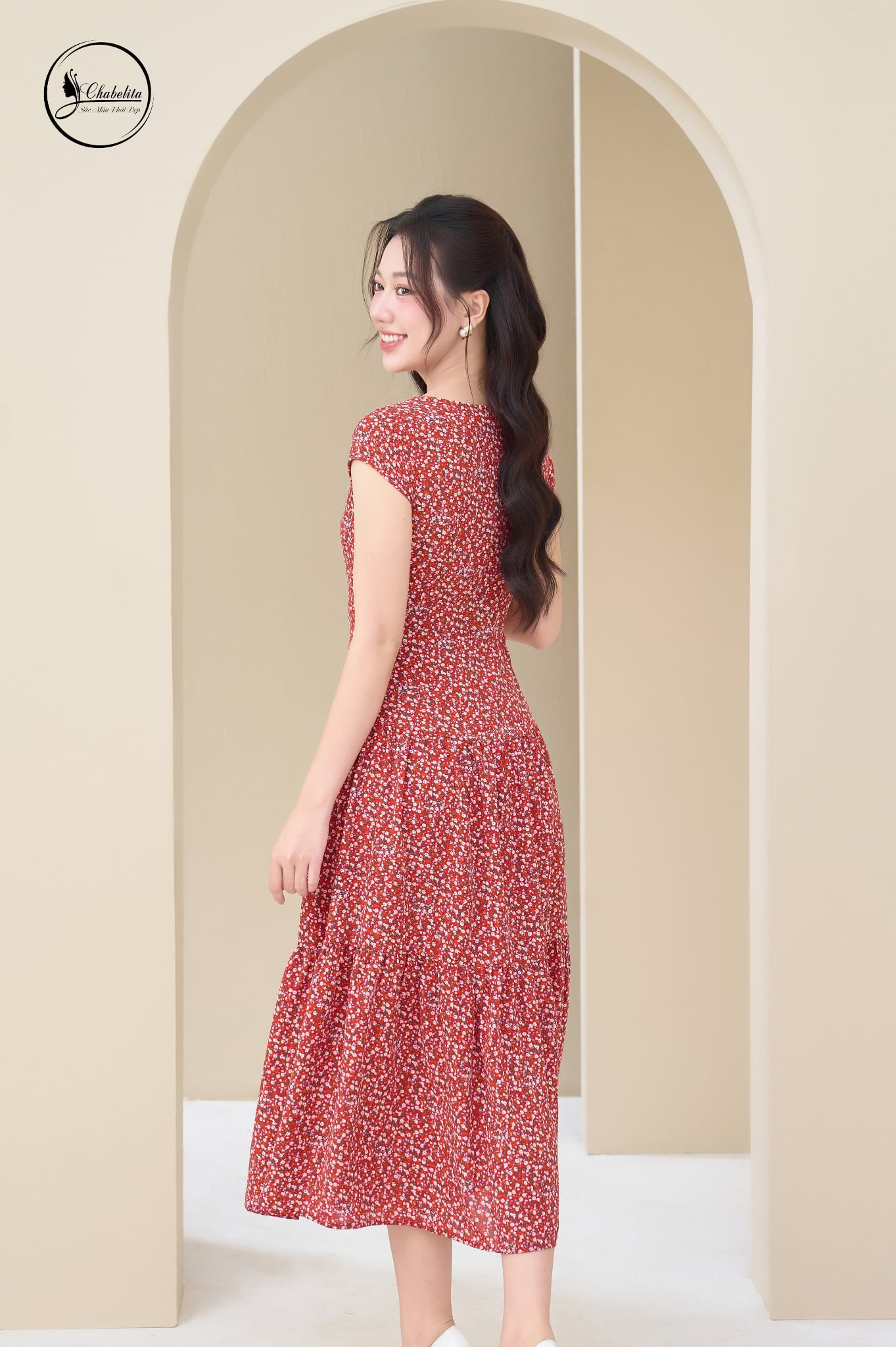 Đầm hoa nhí 3 tầng sát nách màu đỏ