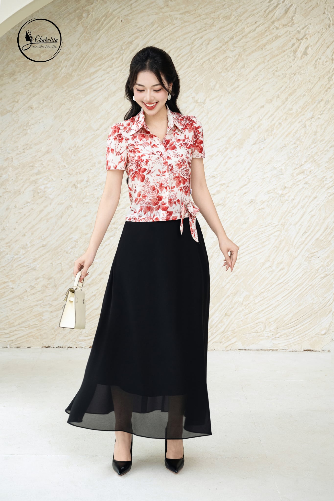 Sơ mi tay lỡ đính nơ hoa hồng