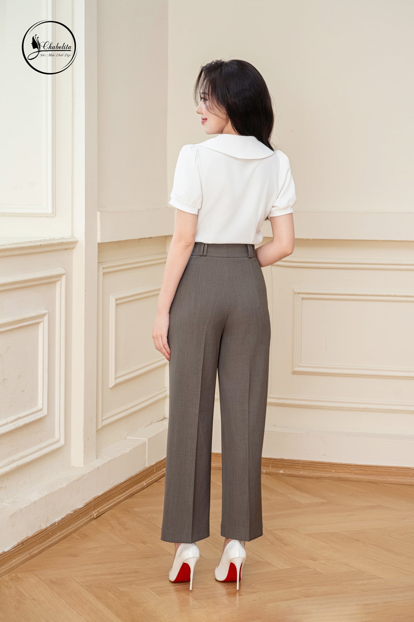 Quần suông cạp cao 2 cúc màu ghi