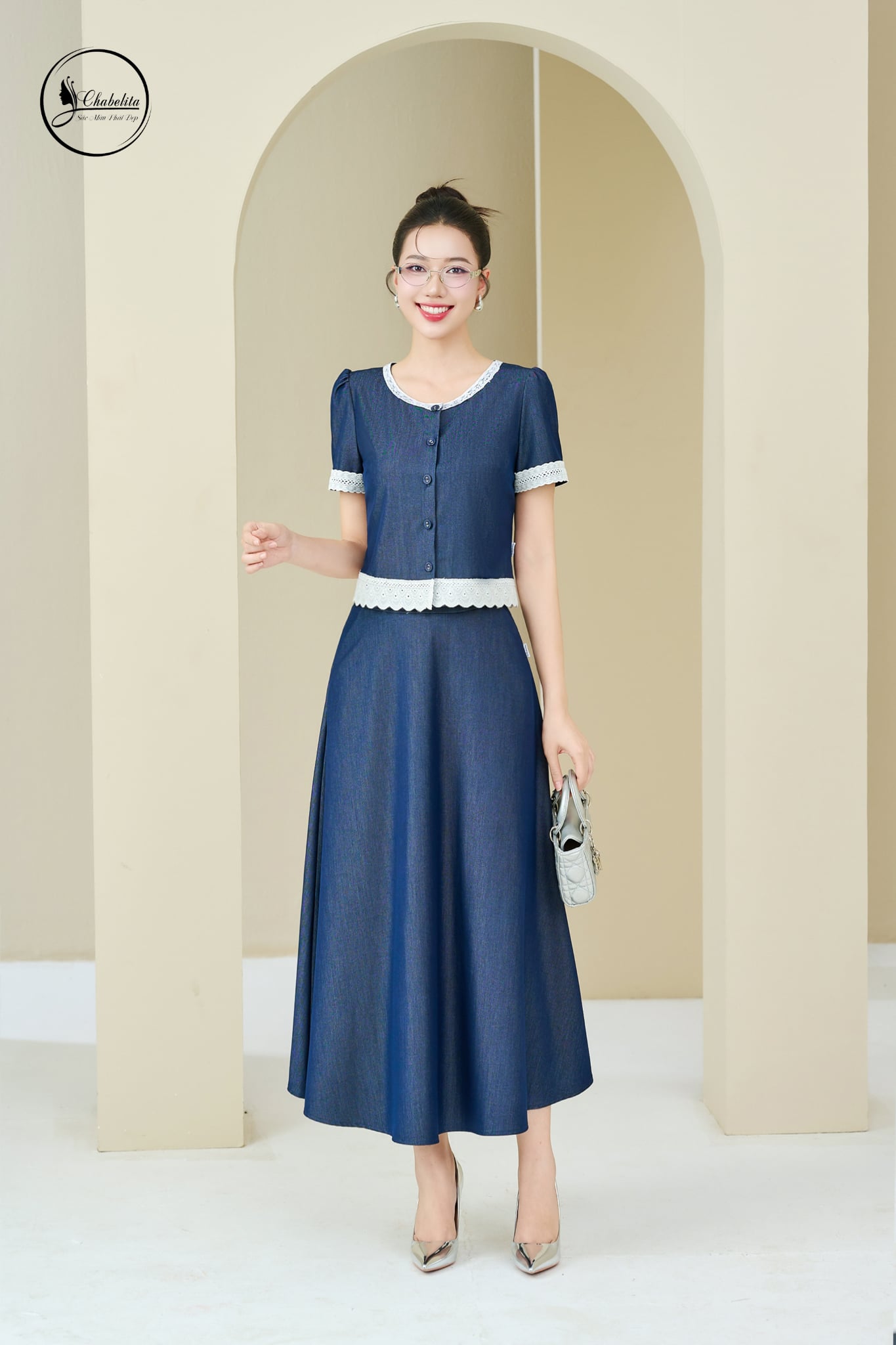 Sét bộ bò áo cổ tròn tay lỡ phối chân váy màu xanh than