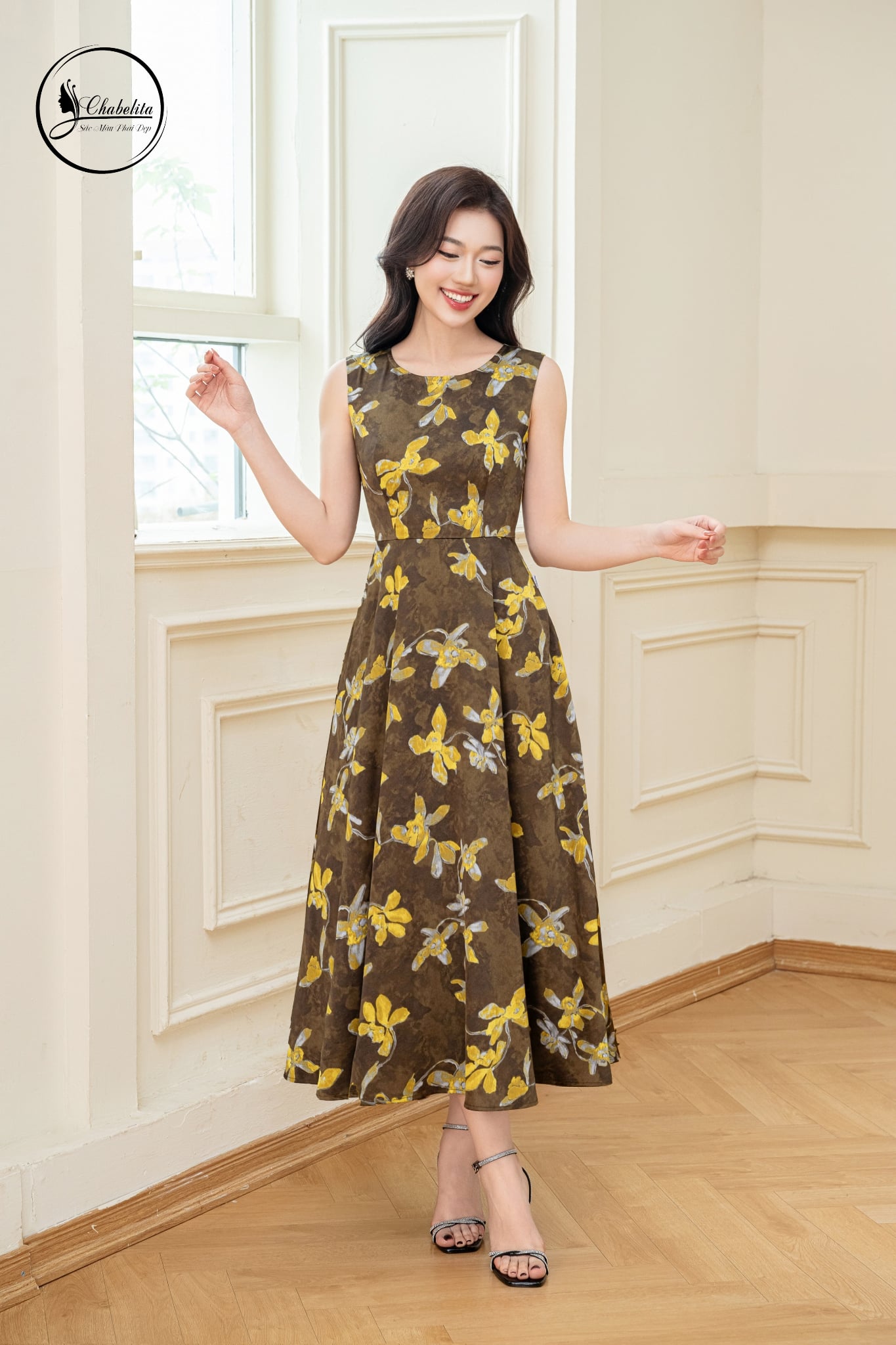 Đầm xòe sát nách màu vàng rêu