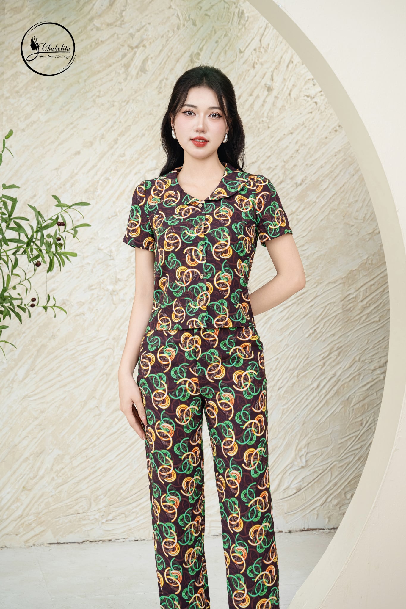 Sét bộ họa tiết áo tay lỡ cổ sen màu nâu
