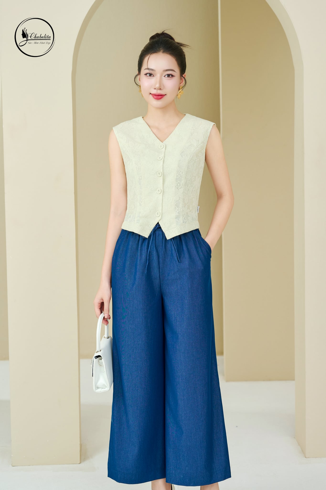 Quần bò suông cạp chun màu xanh