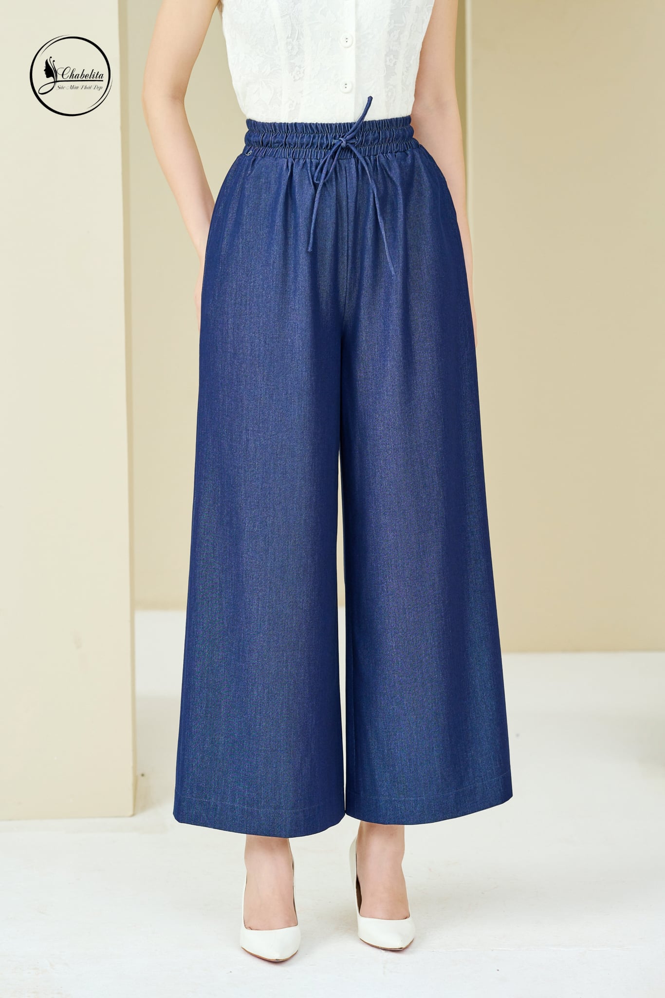 Quần bò suông cạp chun màu tím than