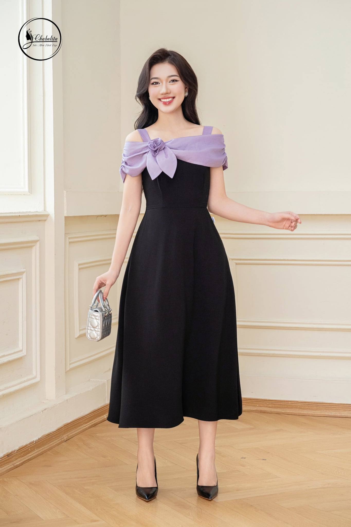 Đầm xòe trễ vai phối màu tím