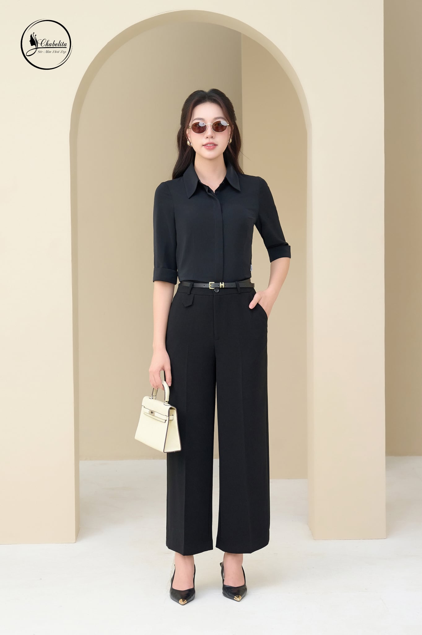 Áo sơ mi cổ đức tay lỡ màu đen