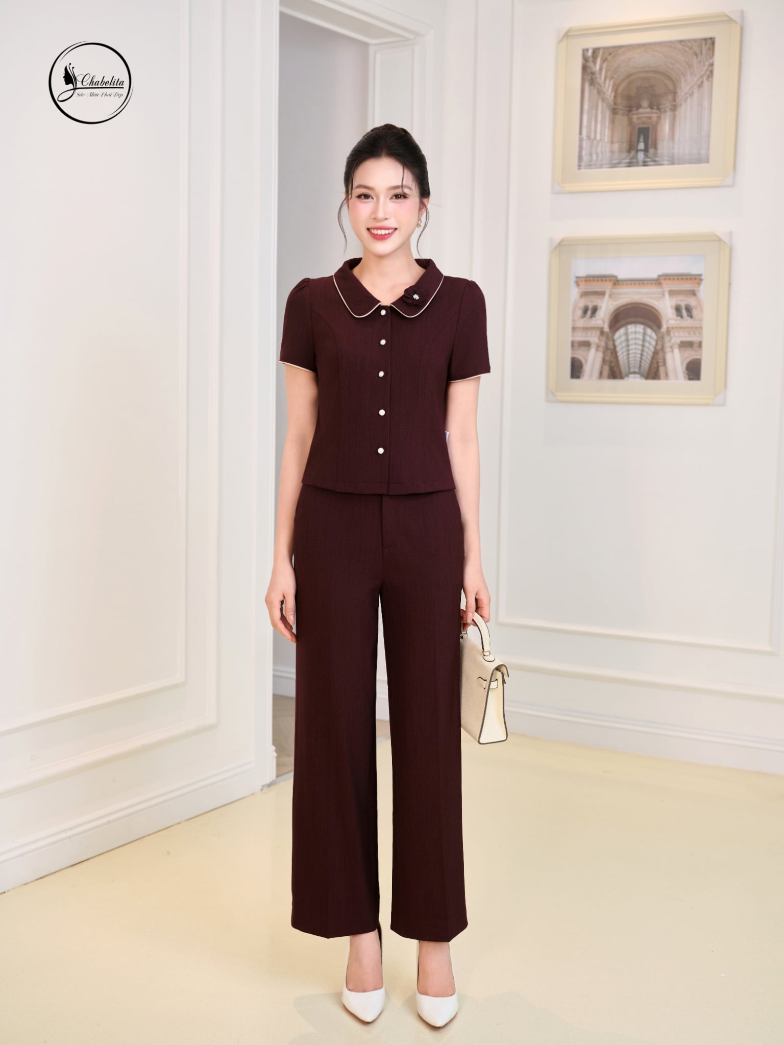 Áo sơ mi cổ sen phối viền đính hoa màu tím