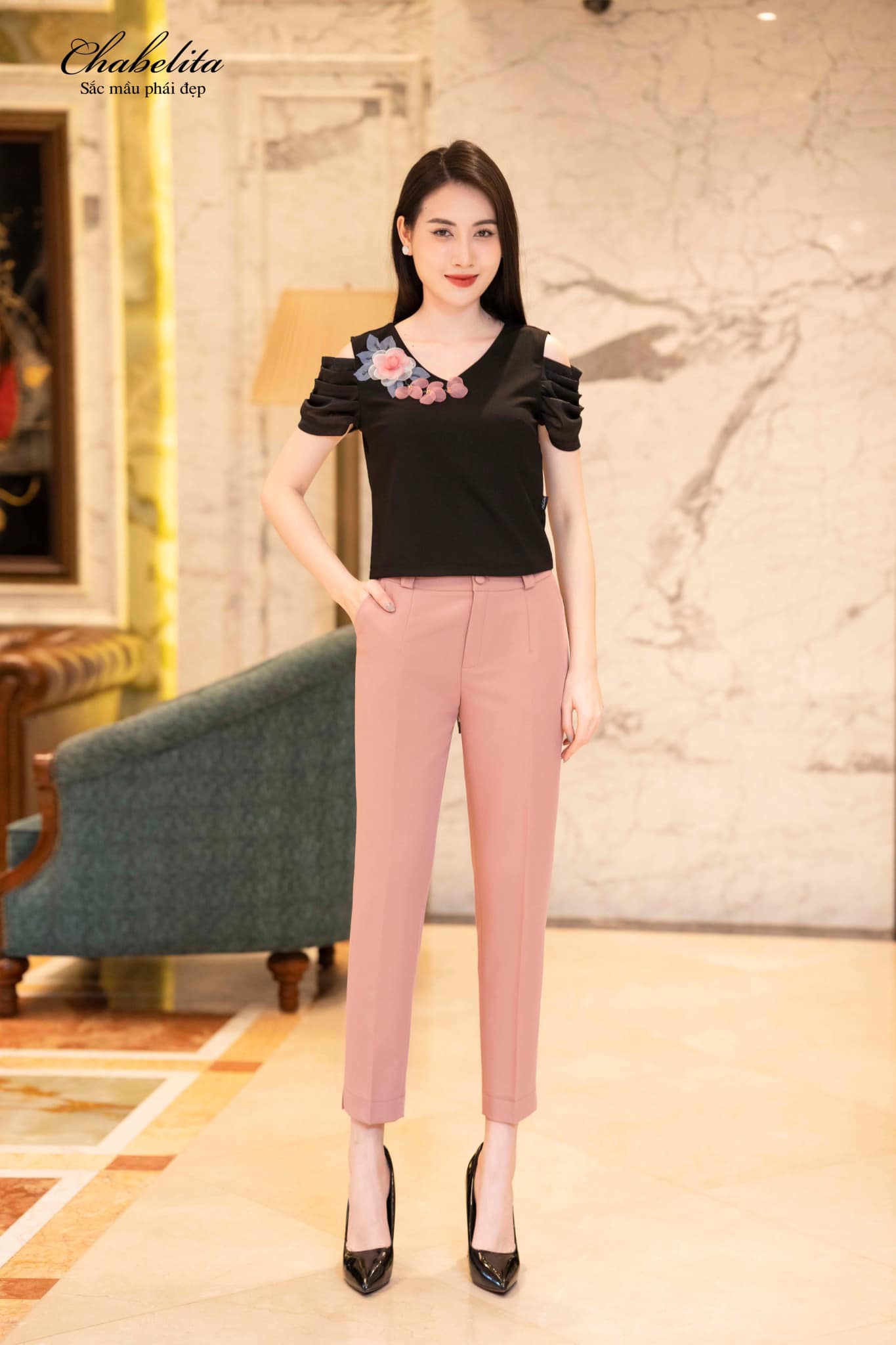 Quần baggy màu hồng dáng ngắn