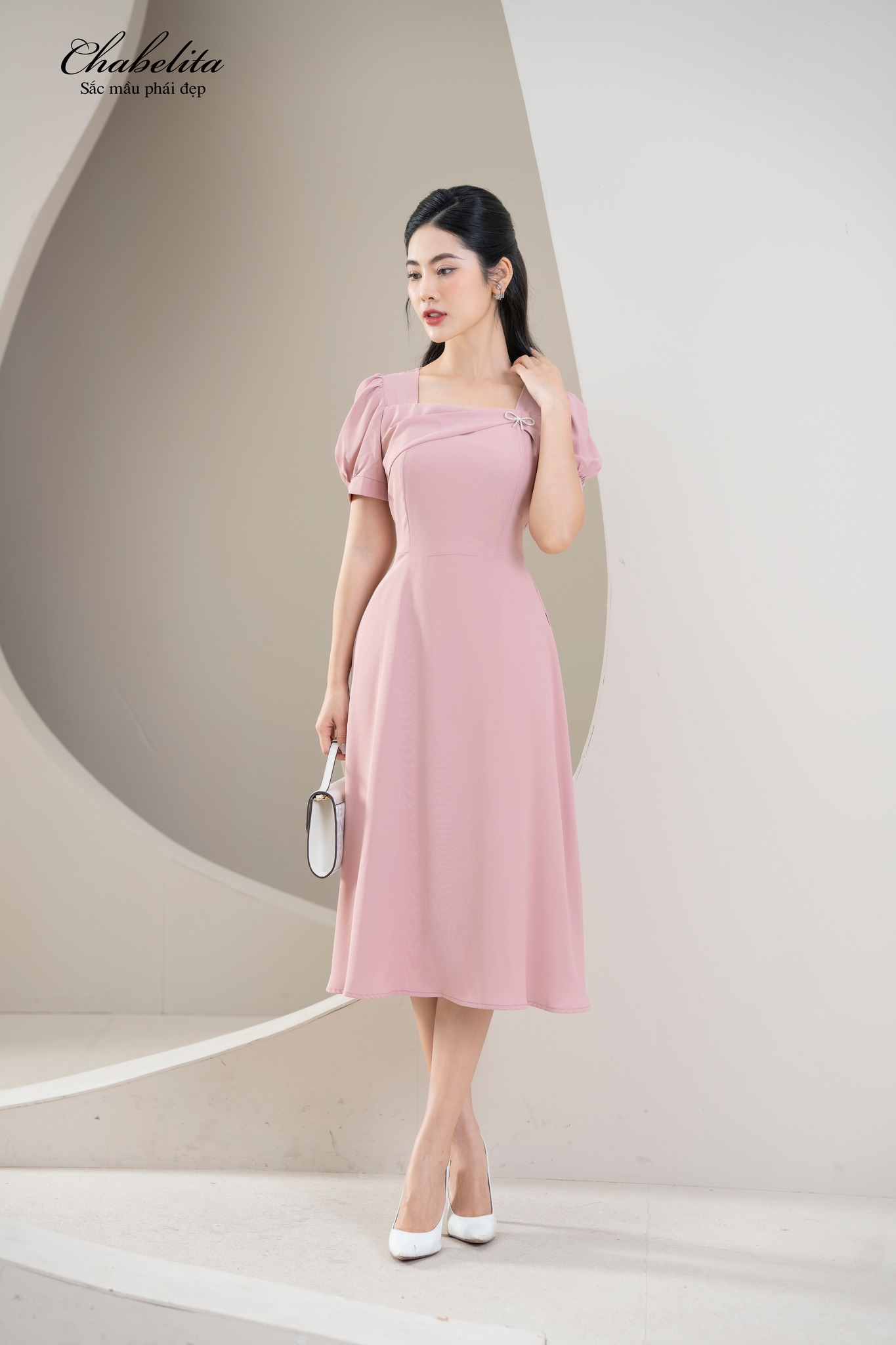 Đầm tay rúm màu hồng