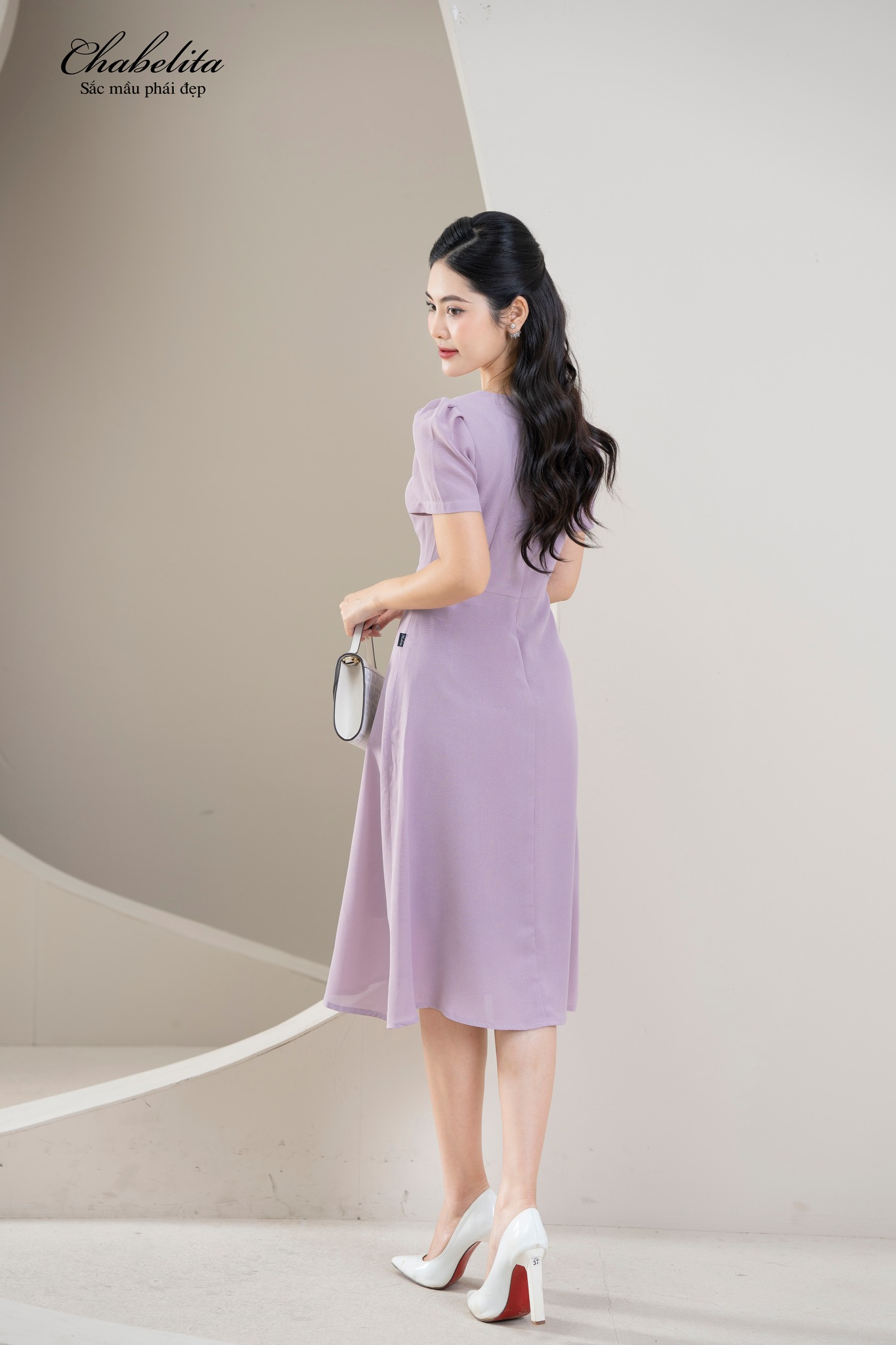 Đầm dáng A thêu màu tím