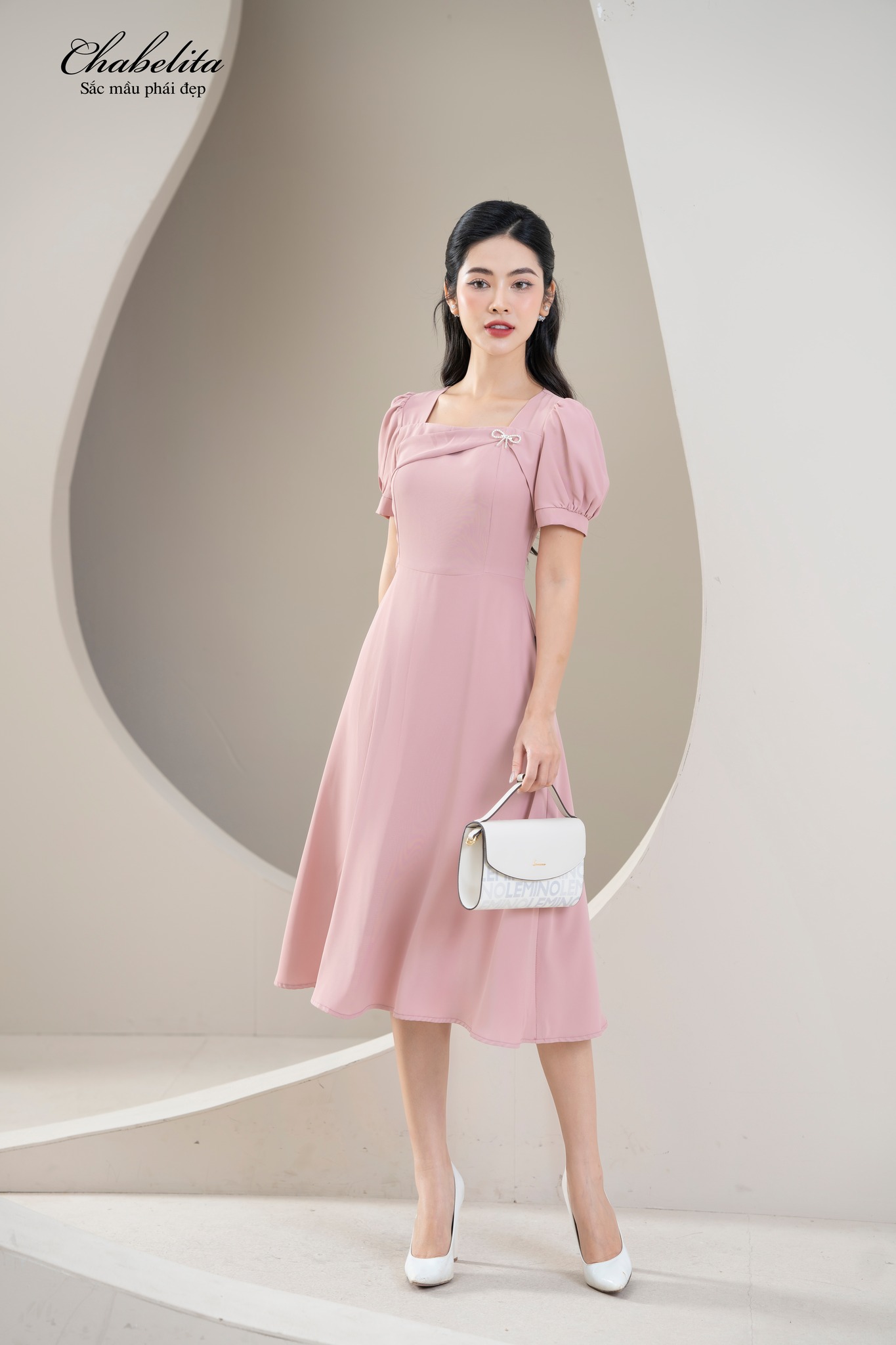 Đầm tay rúm màu hồng