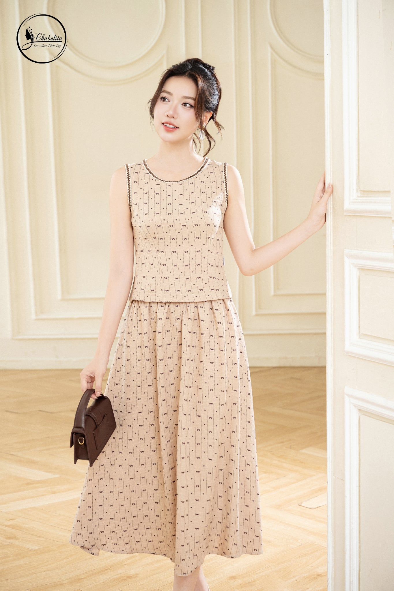 Sét bộ áo sát nách cổ tròn phối viền màu be