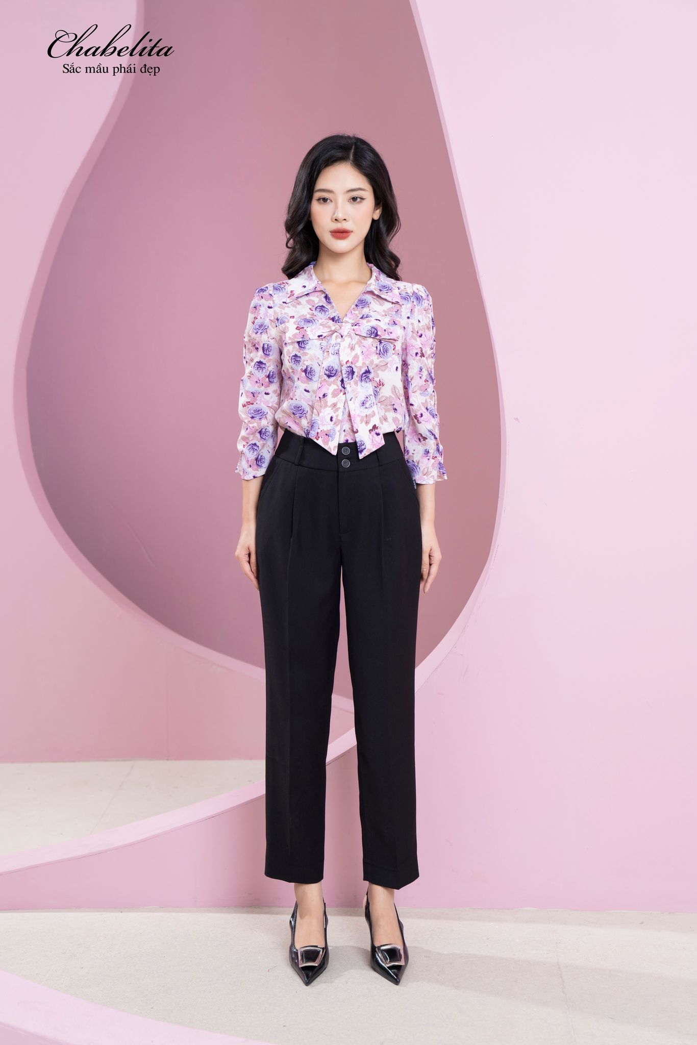 Áo sơ mi cổ nơ hoa màu tím