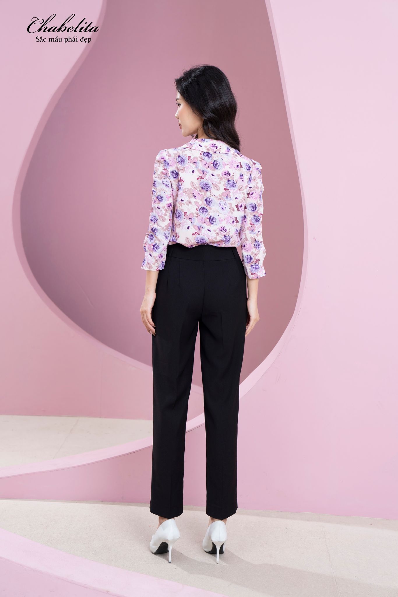 Áo sơ mi cổ nơ hoa màu tím