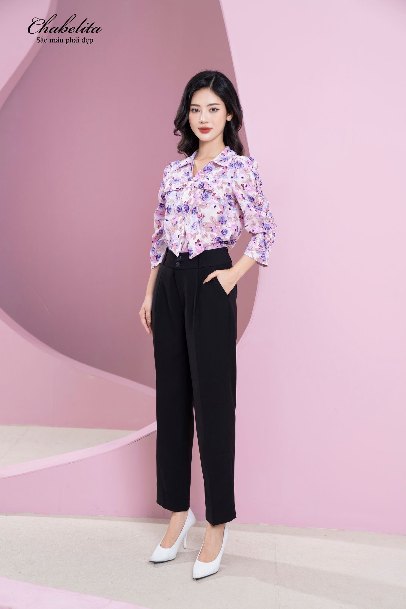 Áo sơ mi cổ nơ hoa màu tím