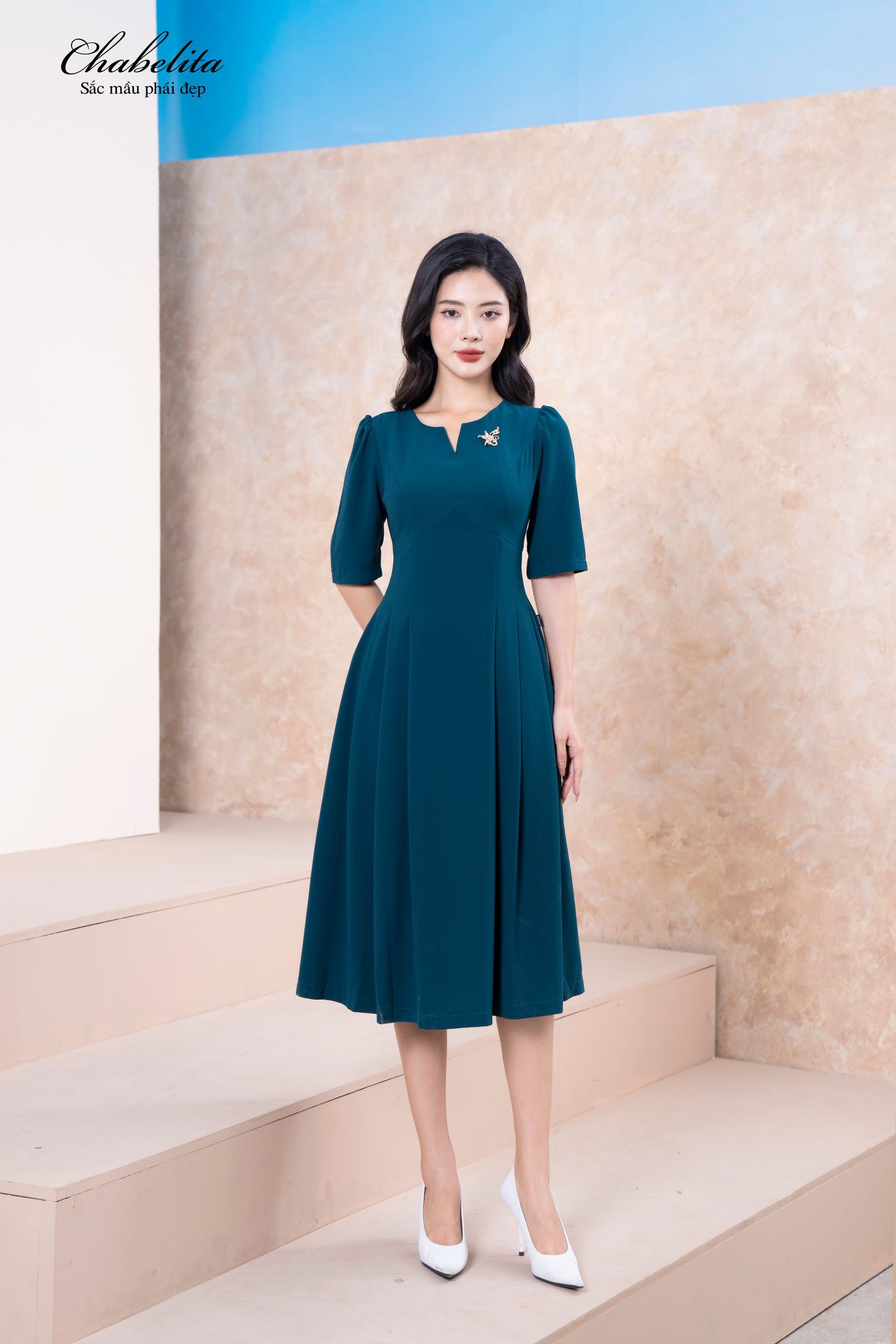 Đầm tay lỡ màu xanh