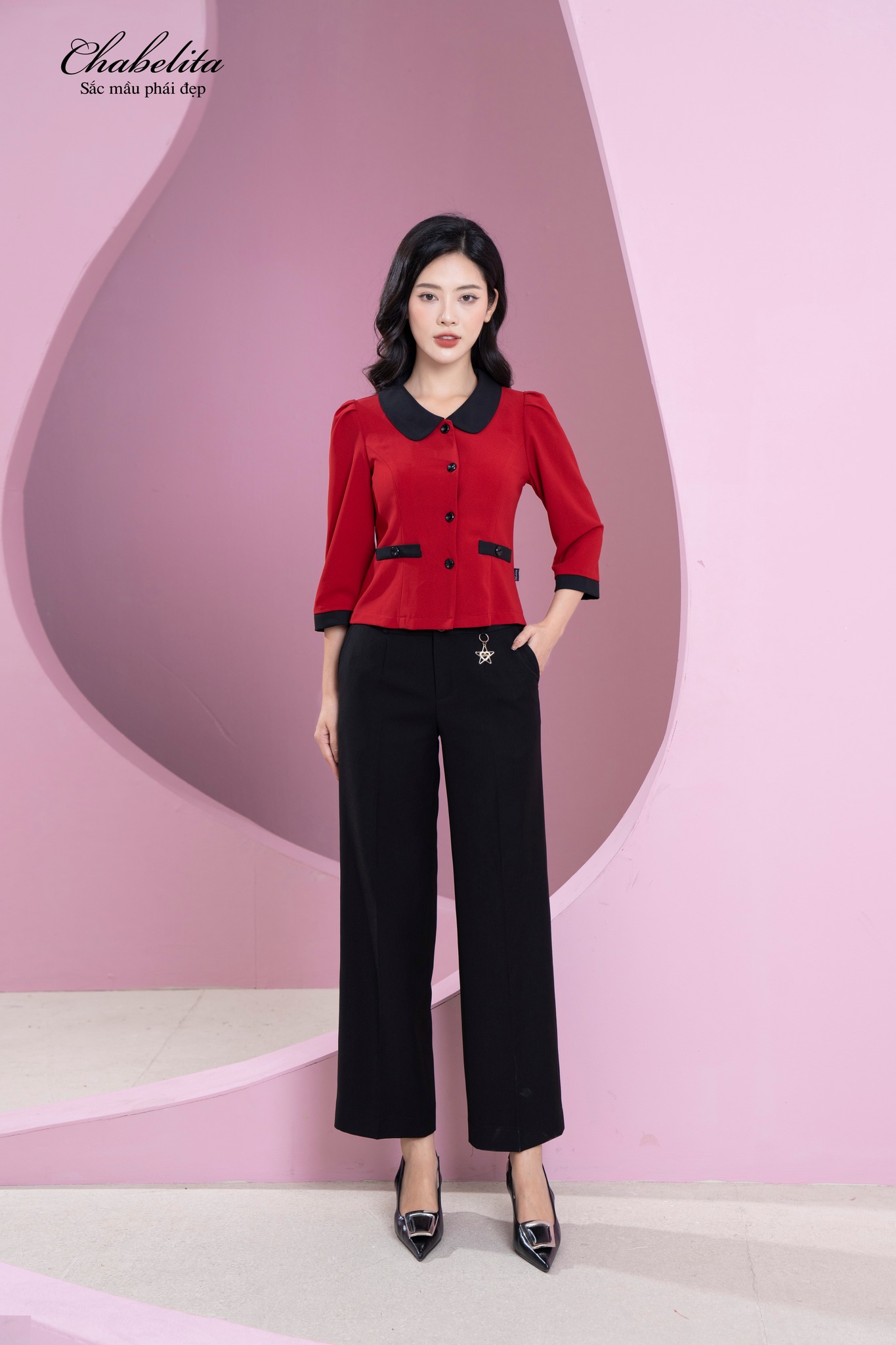 Áo ký giả phối cổ sen màu đỏ