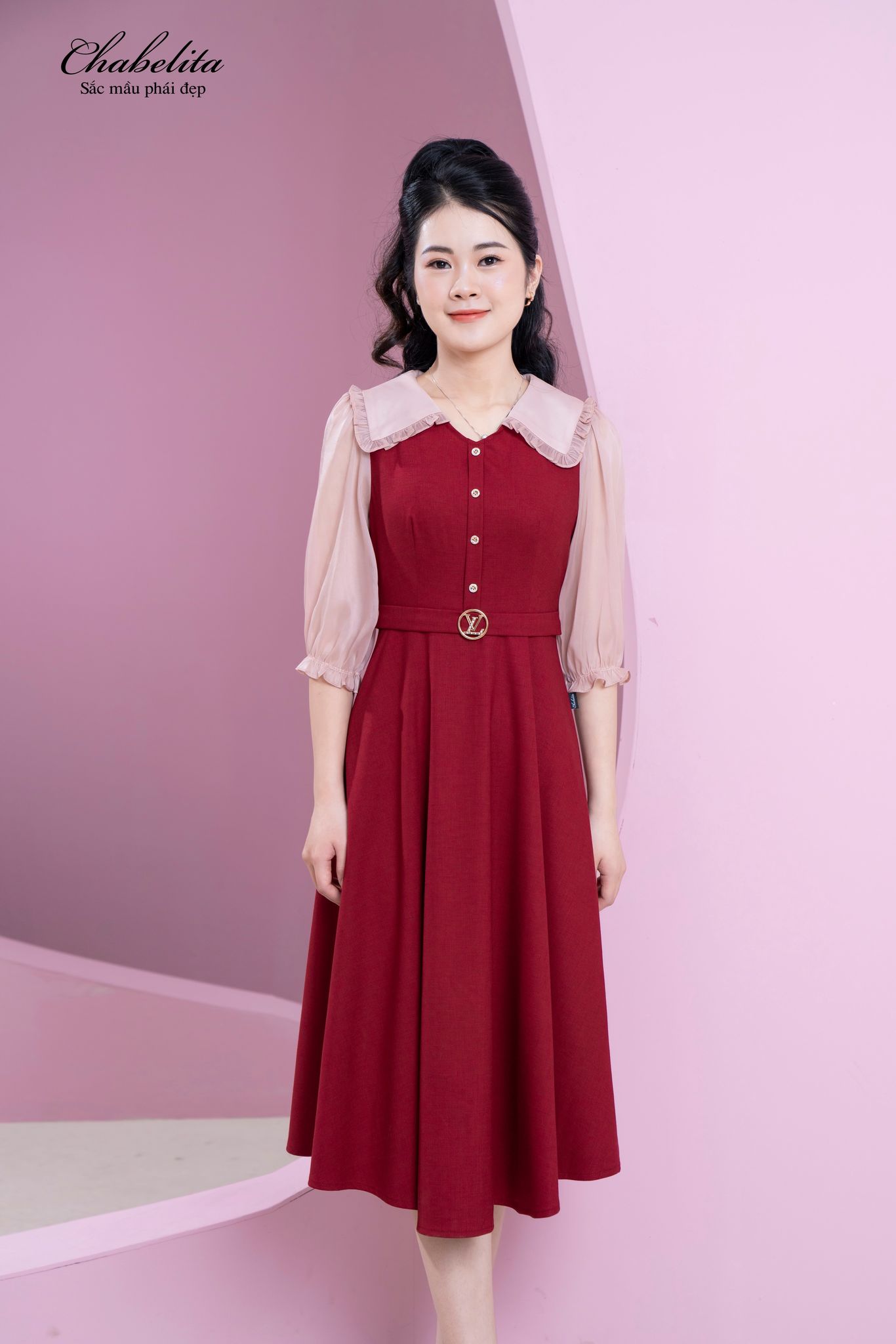 Đầm phối cổ+ tay màu đỏ