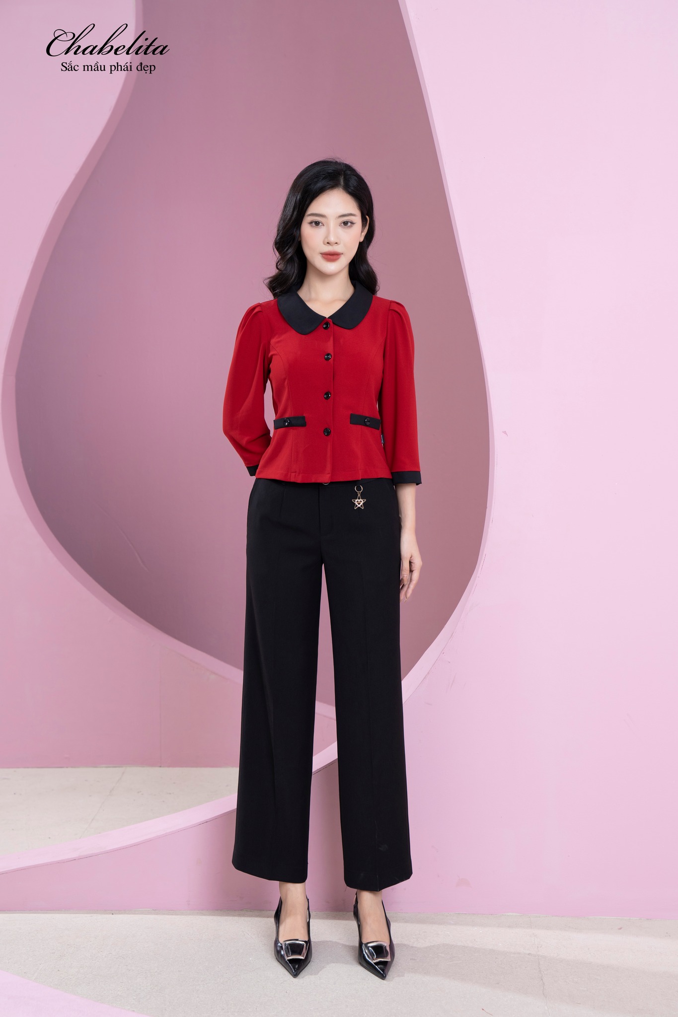 Áo ký giả phối cổ sen màu đỏ