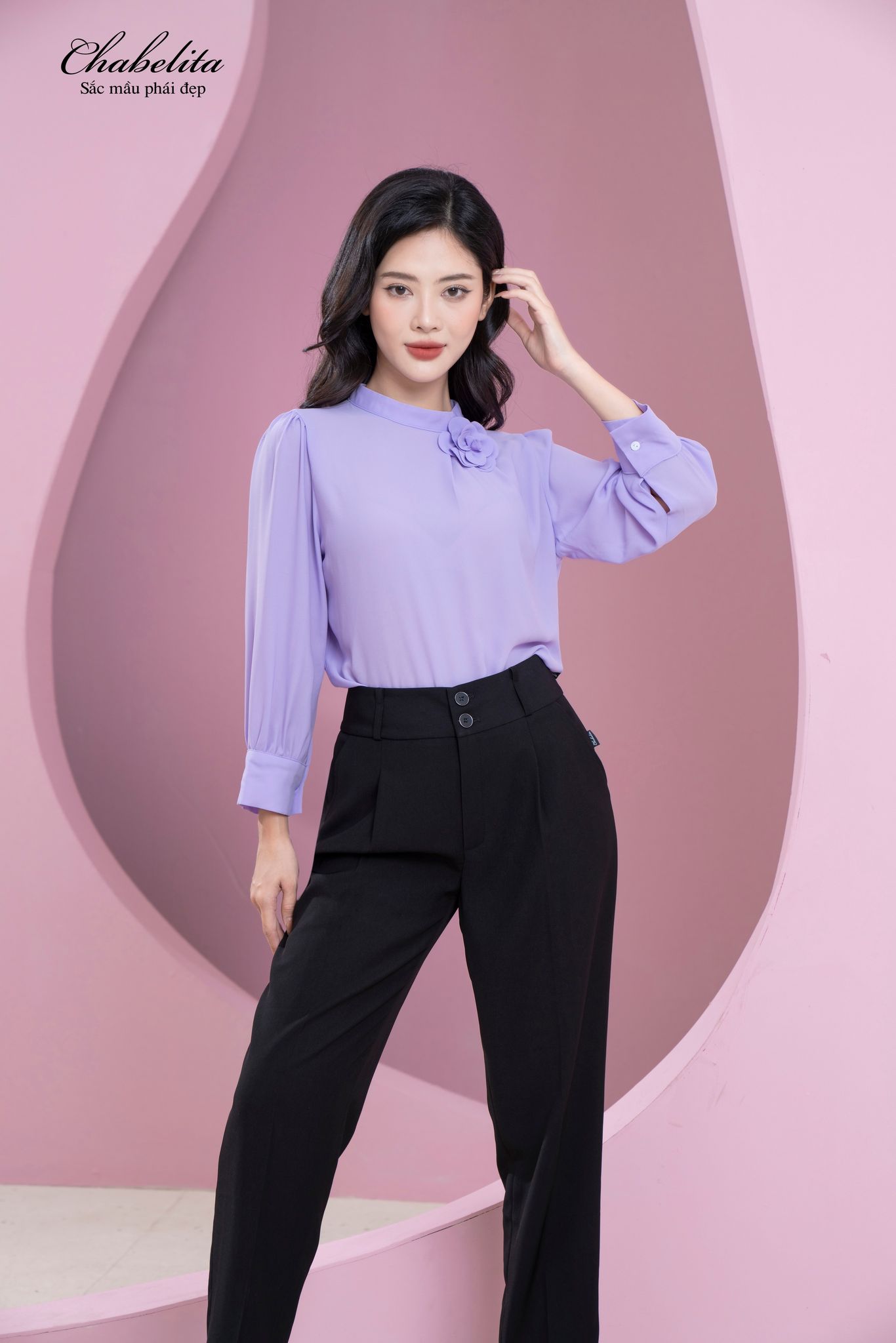 Áo cổ 3 phân hoa ngực màu tím