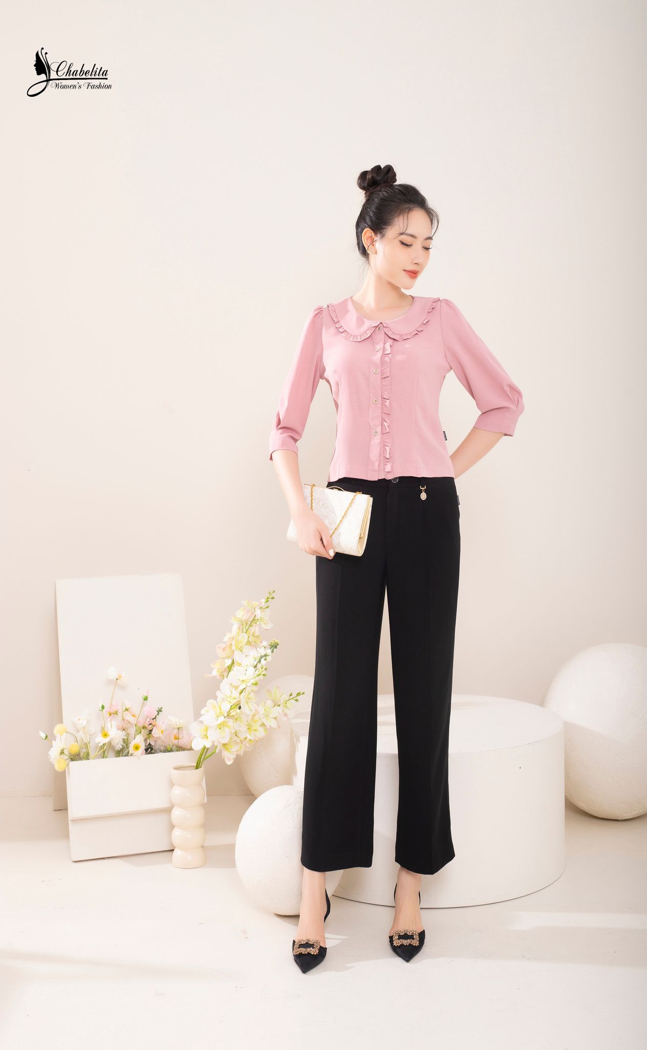 Sơ mi bèo dài tay màu hồng