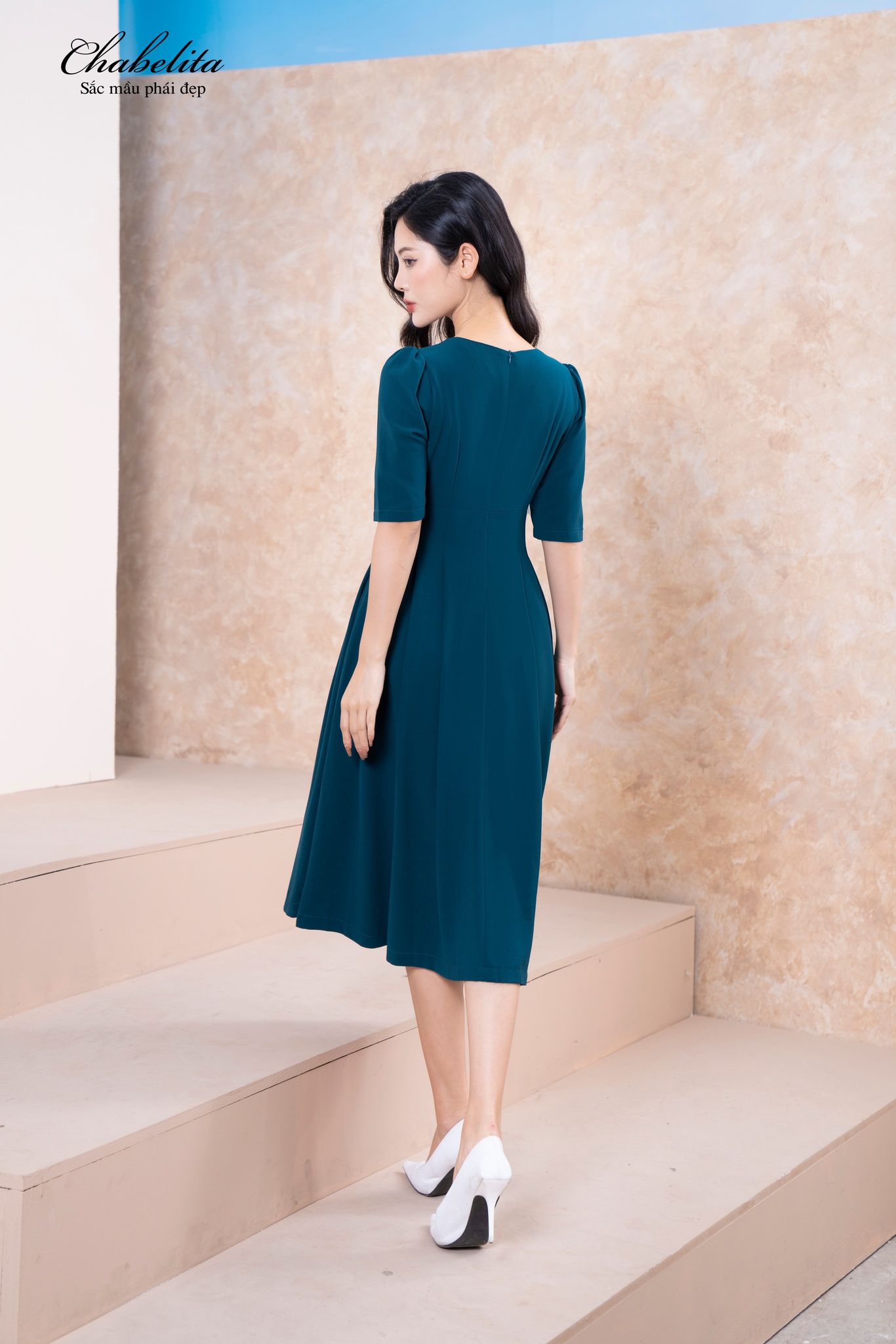 Đầm tay lỡ màu xanh