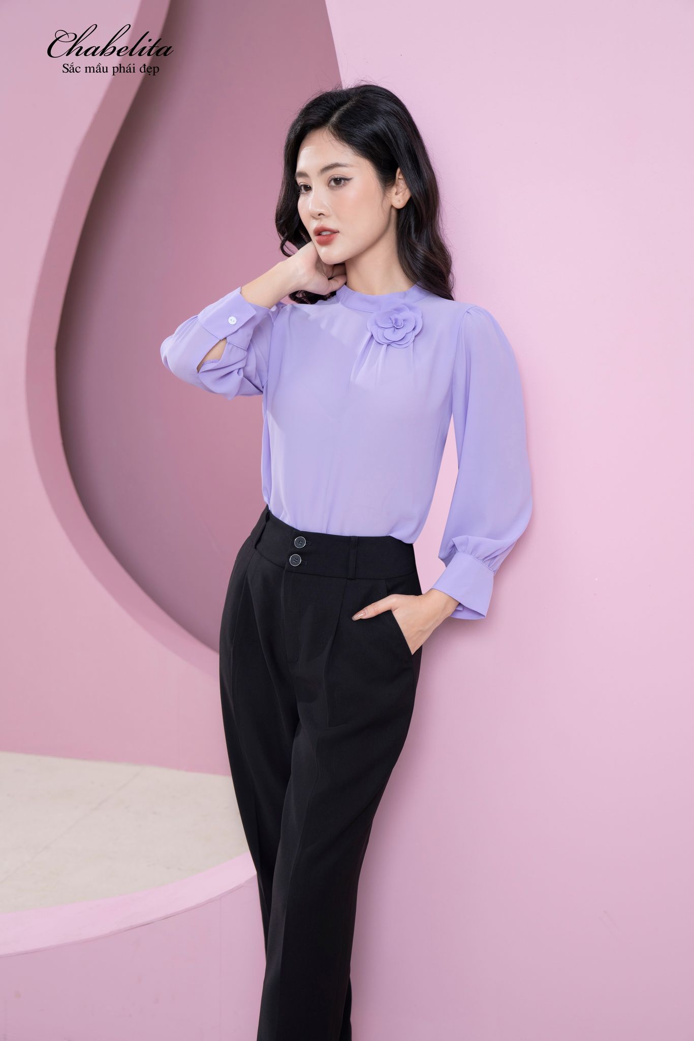 Áo cổ 3 phân hoa ngực màu tím