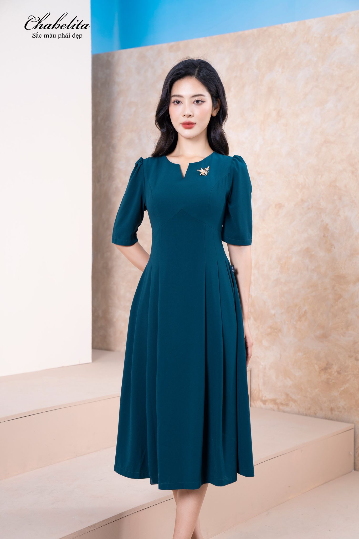 Đầm tay lỡ màu xanh