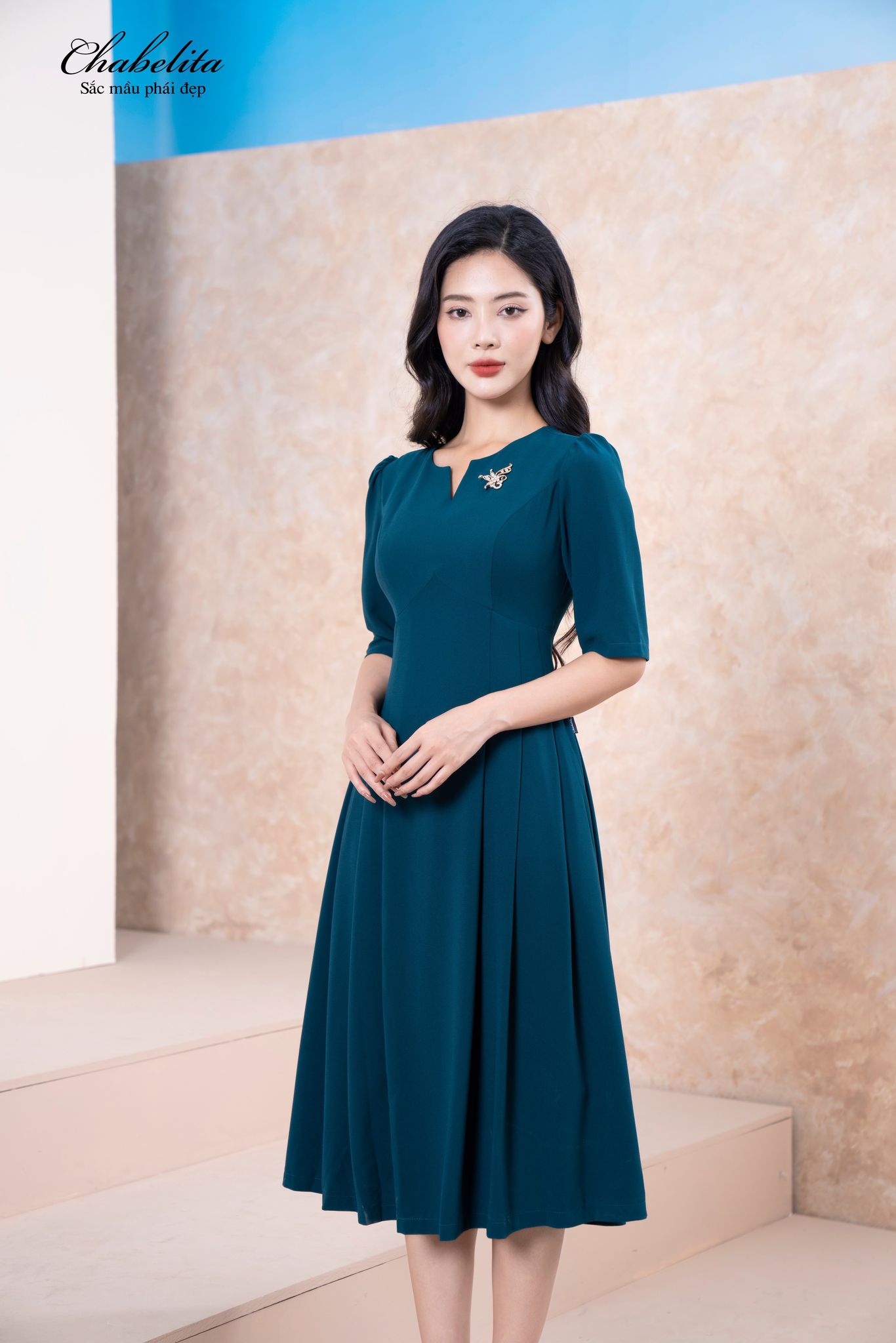 Đầm tay lỡ màu xanh