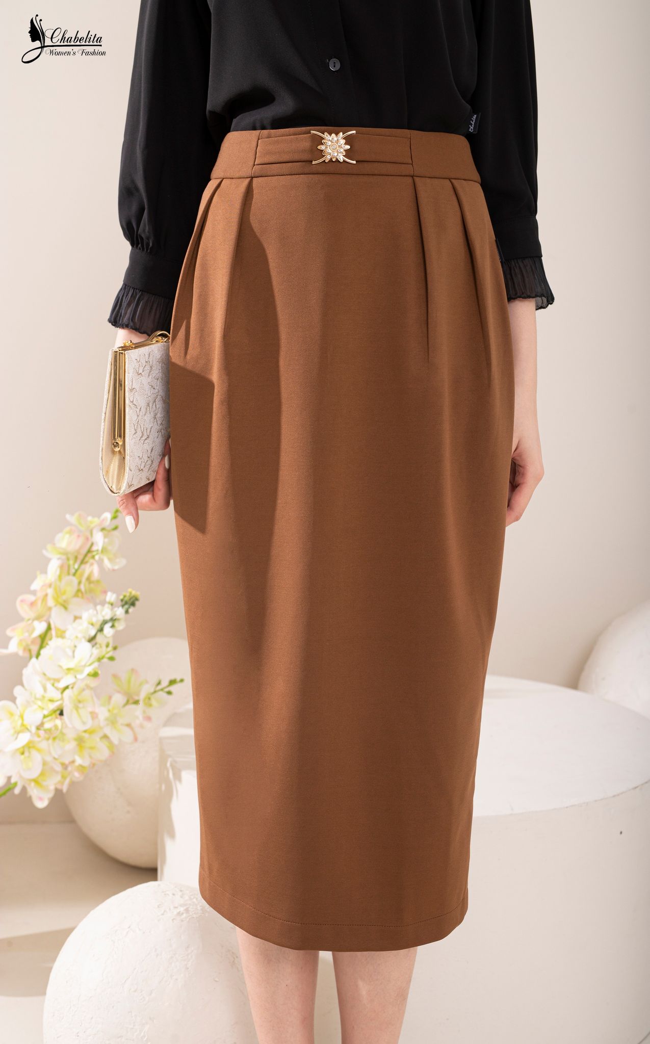 Chân váy dáng dài đai eo màu nâu