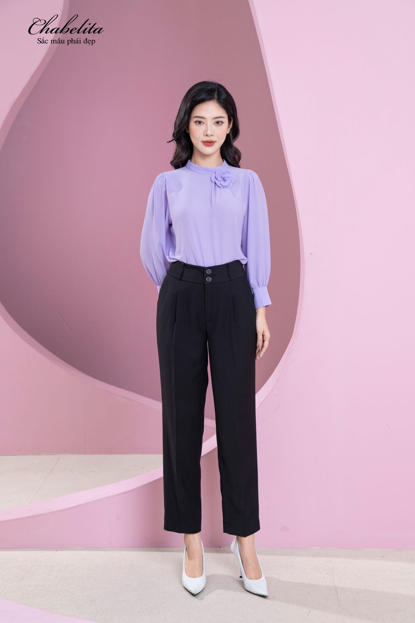 Áo cổ 3 phân hoa ngực màu tím