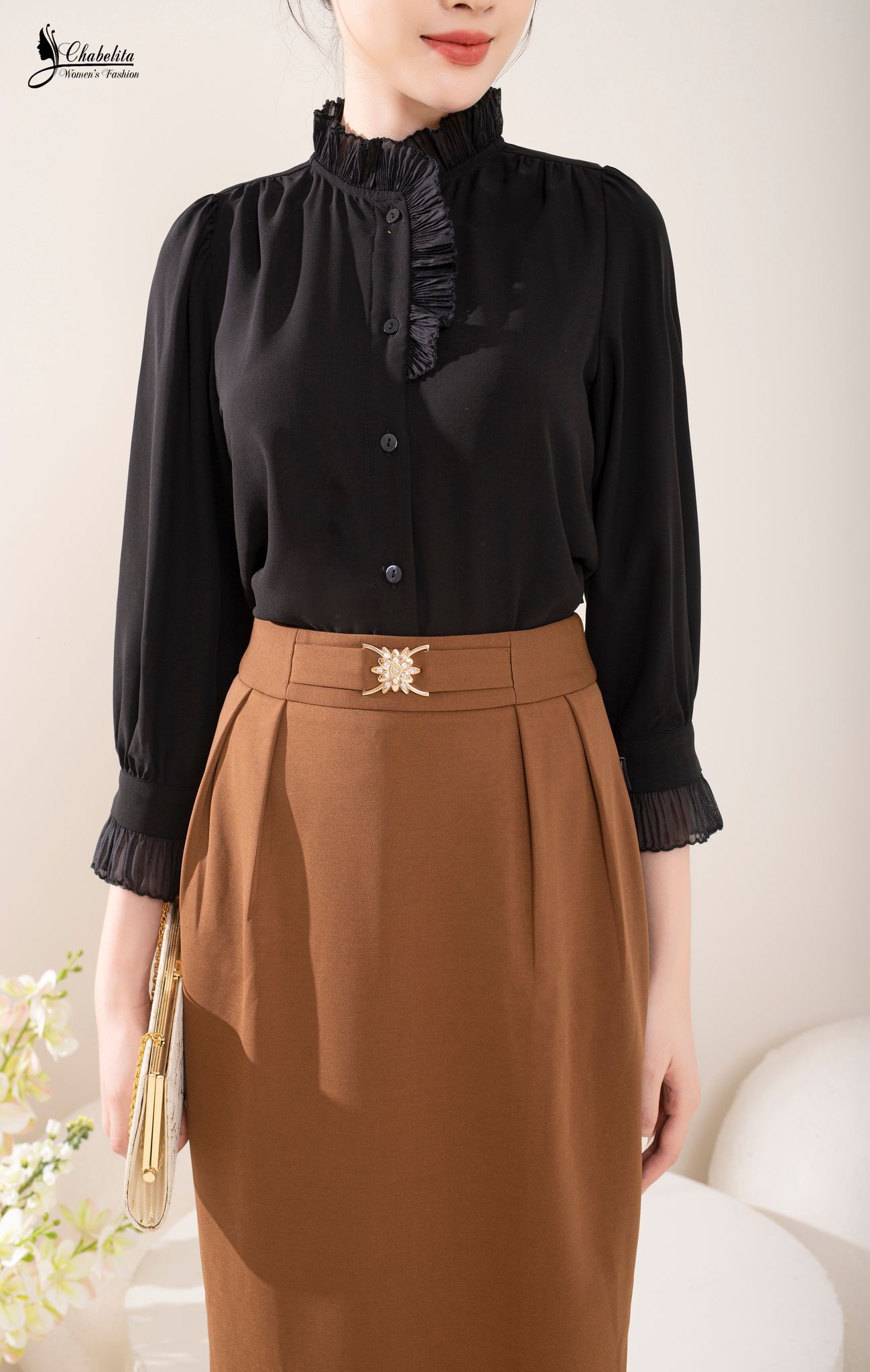 Chân váy dáng dài đai eo màu nâu