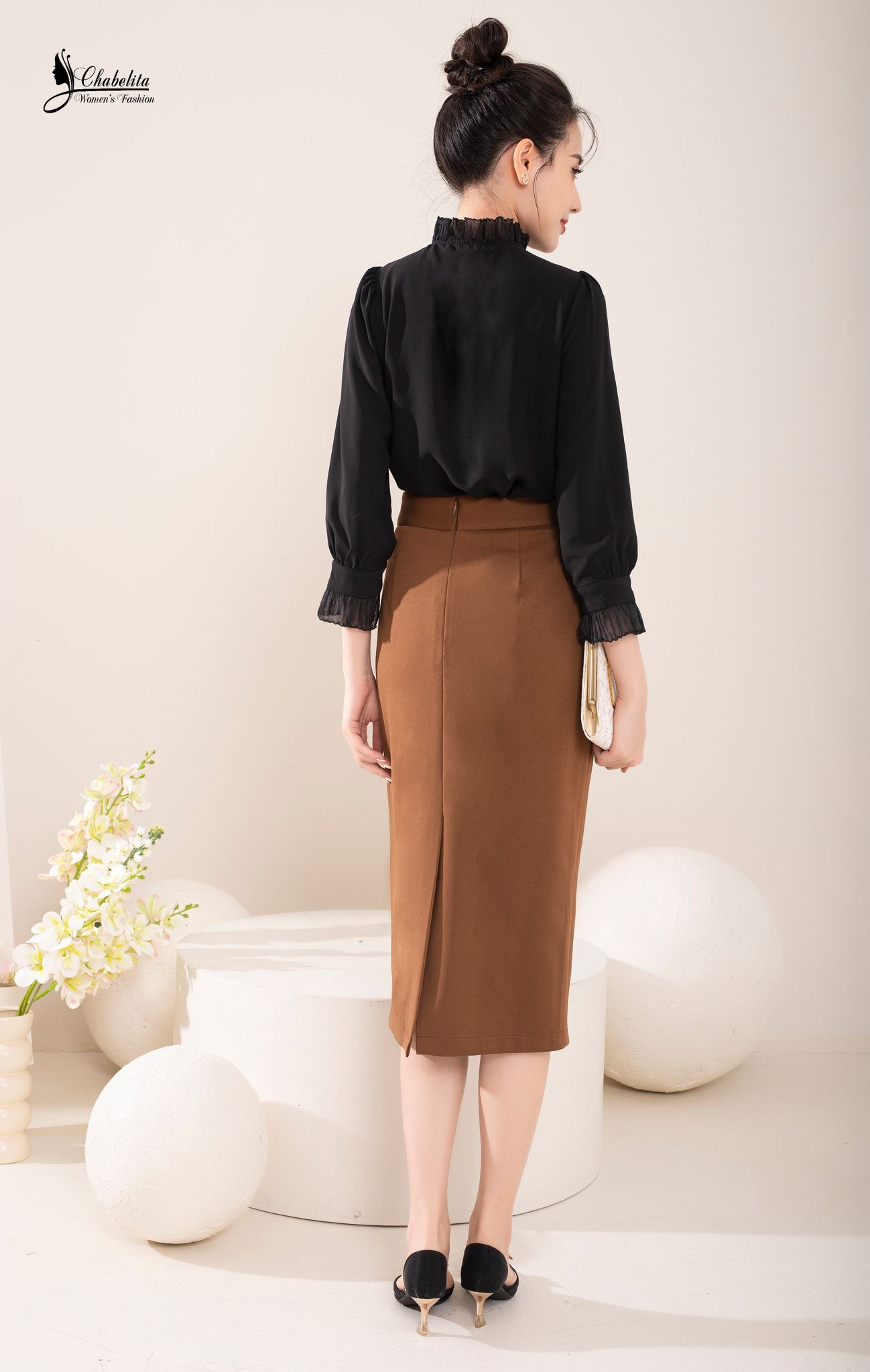 Chân váy dáng dài đai eo màu nâu