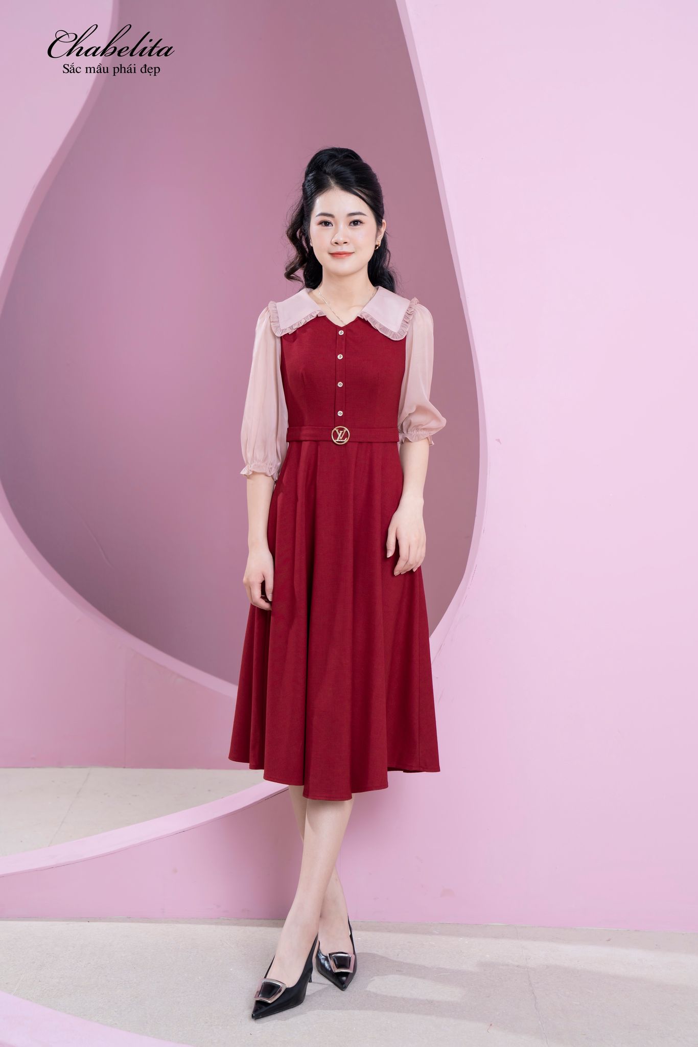 Đầm phối cổ+ tay màu đỏ