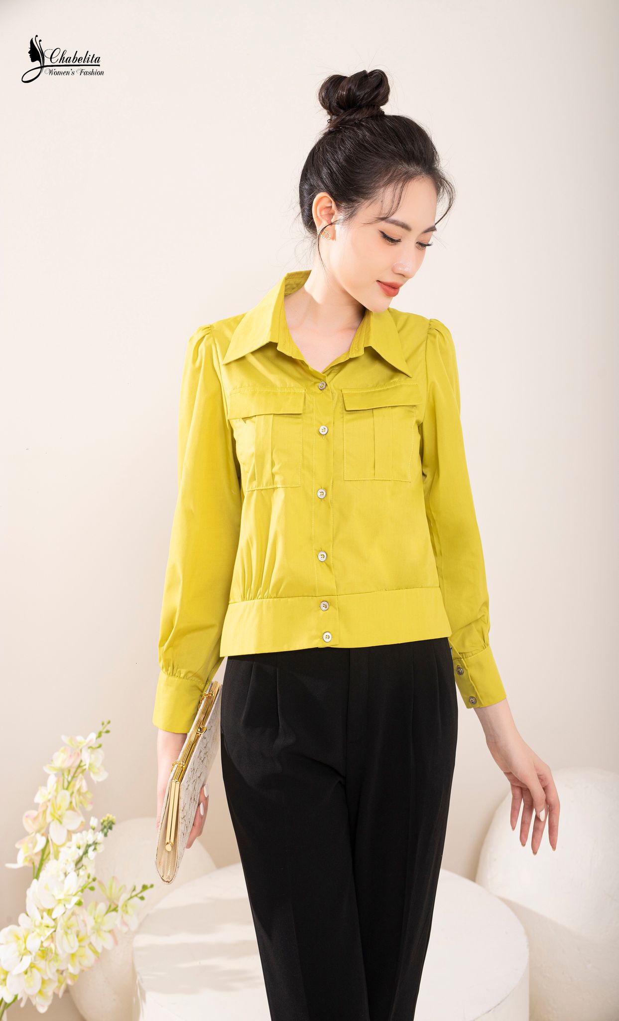 Áo sơ mi cổ đức màu cốm