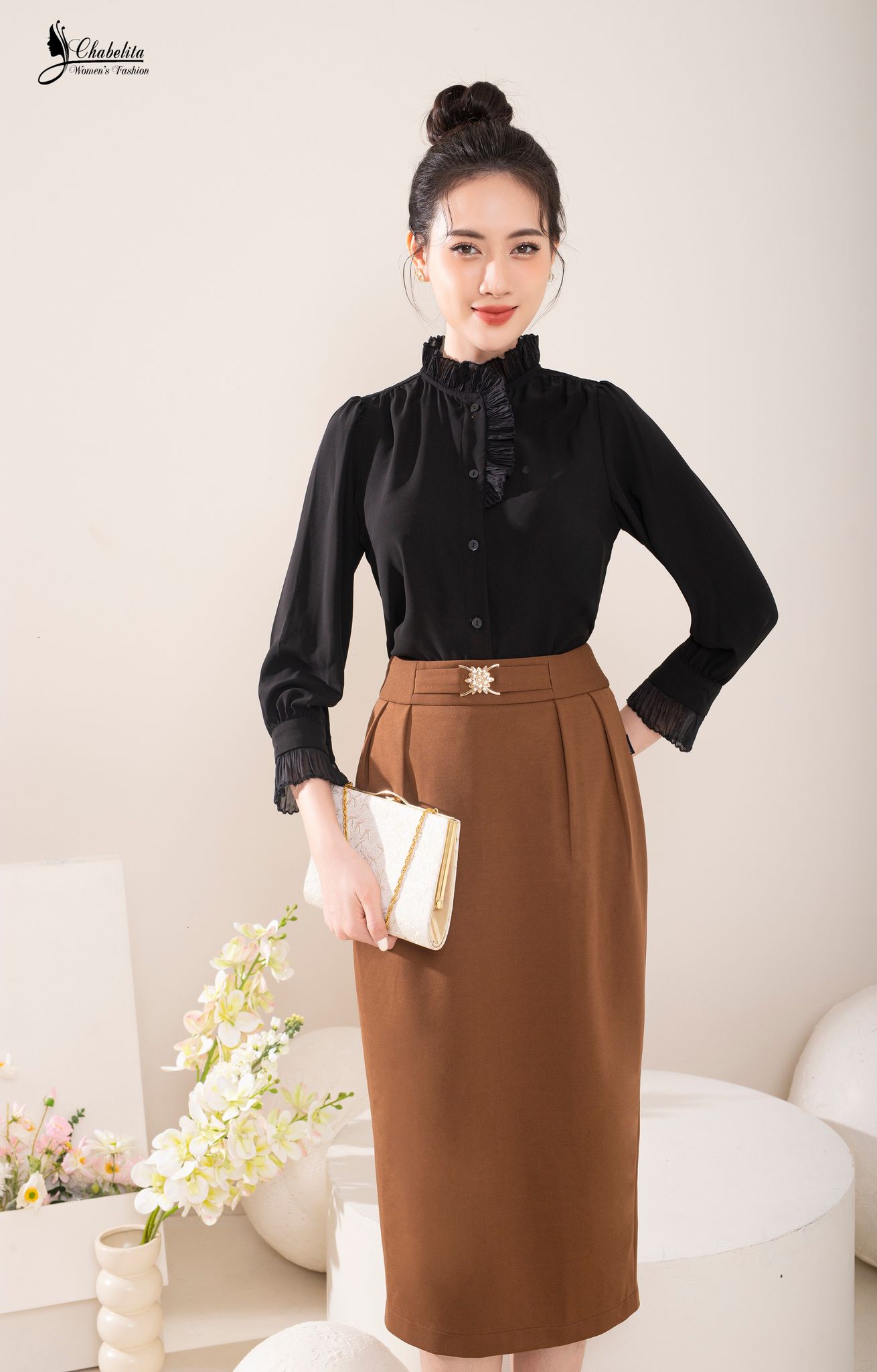 Chân váy dáng dài đai eo màu nâu