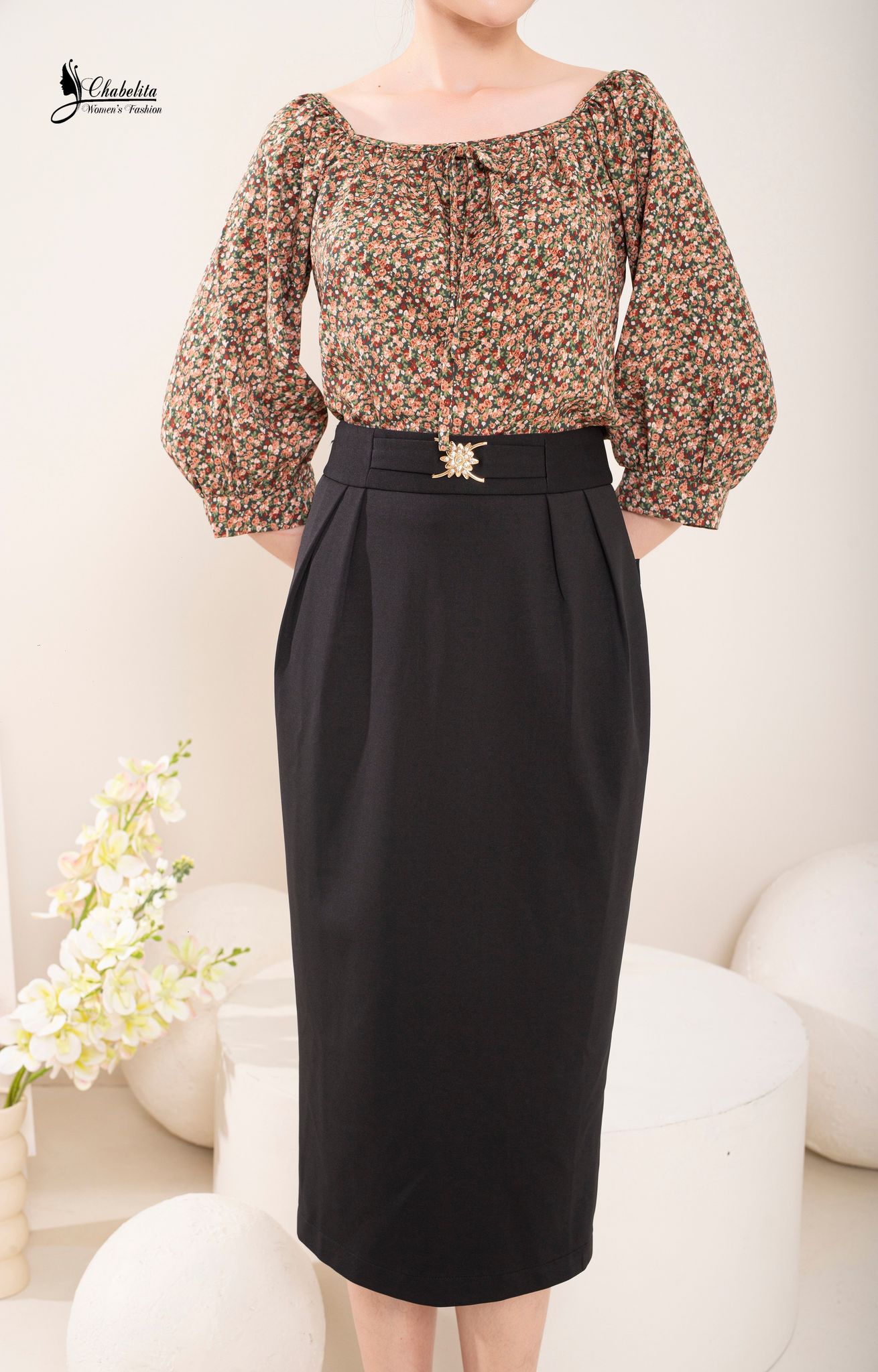 Chân váy dáng dài đai eo màu đen