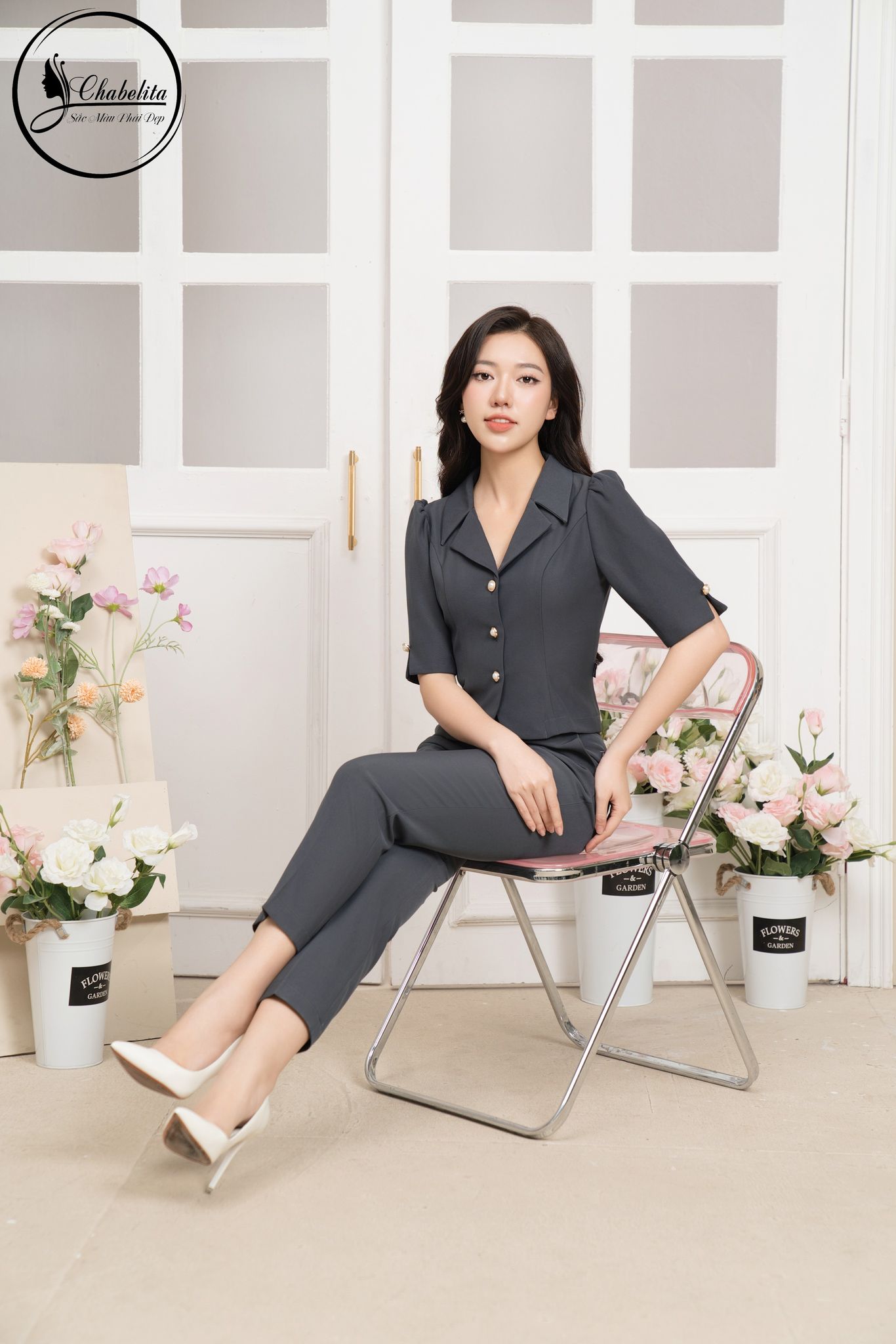 Sét bộ áo ký giả tay lỡ màu ghi