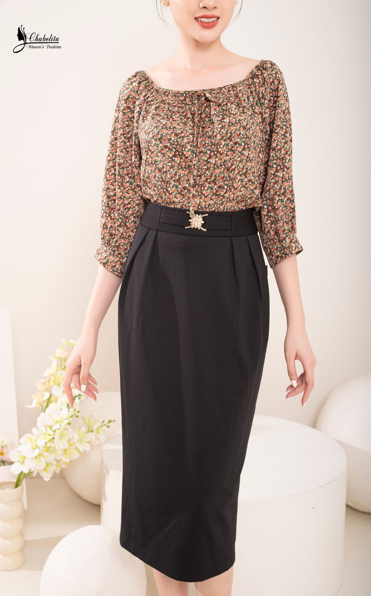 Chân váy dáng dài đai eo màu đen