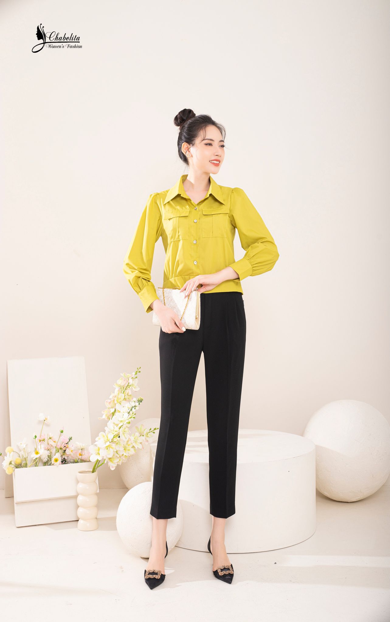 Áo sơ mi cổ đức màu cốm