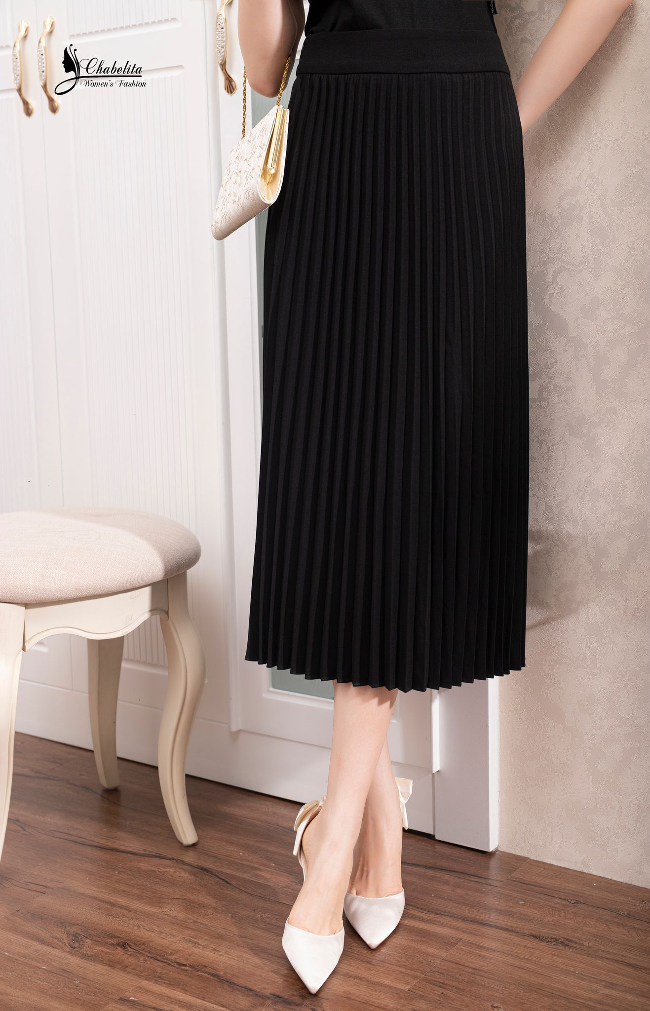 Chân váy dập ly dẻ quạt màu đen