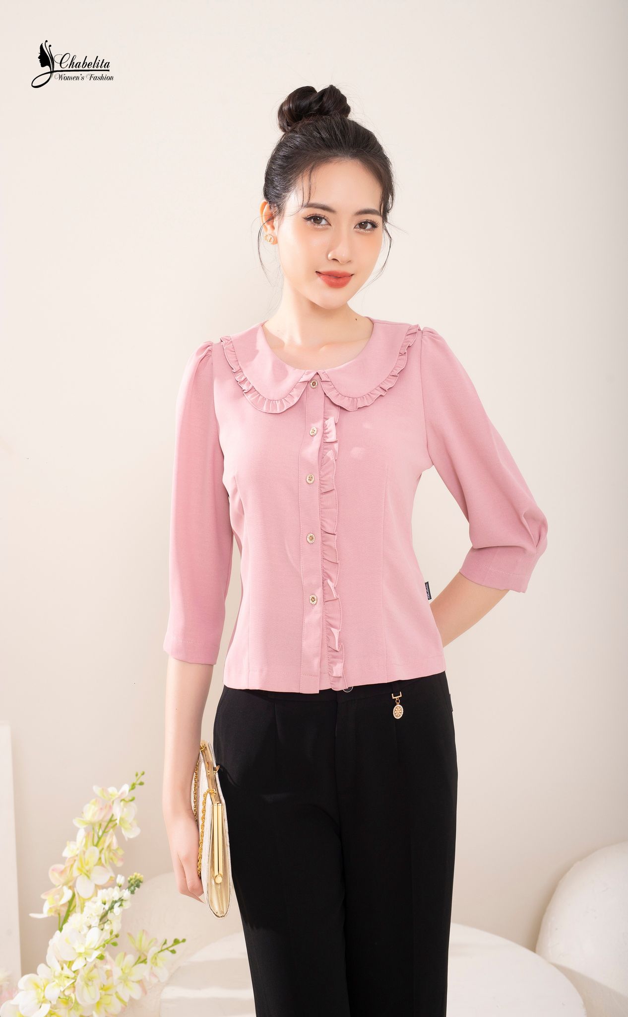 Sơ mi bèo dài tay màu hồng