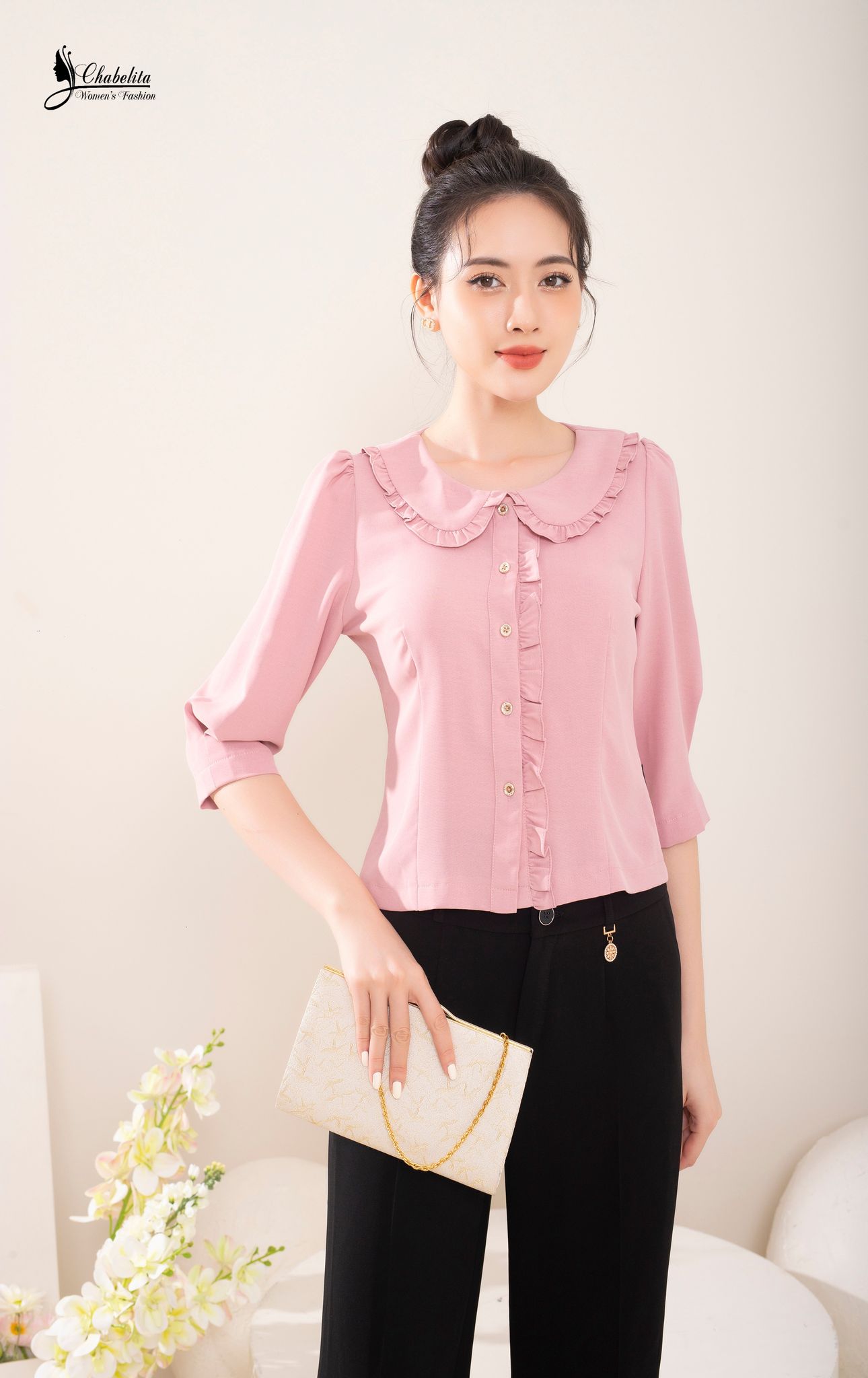 Sơ mi bèo dài tay màu hồng