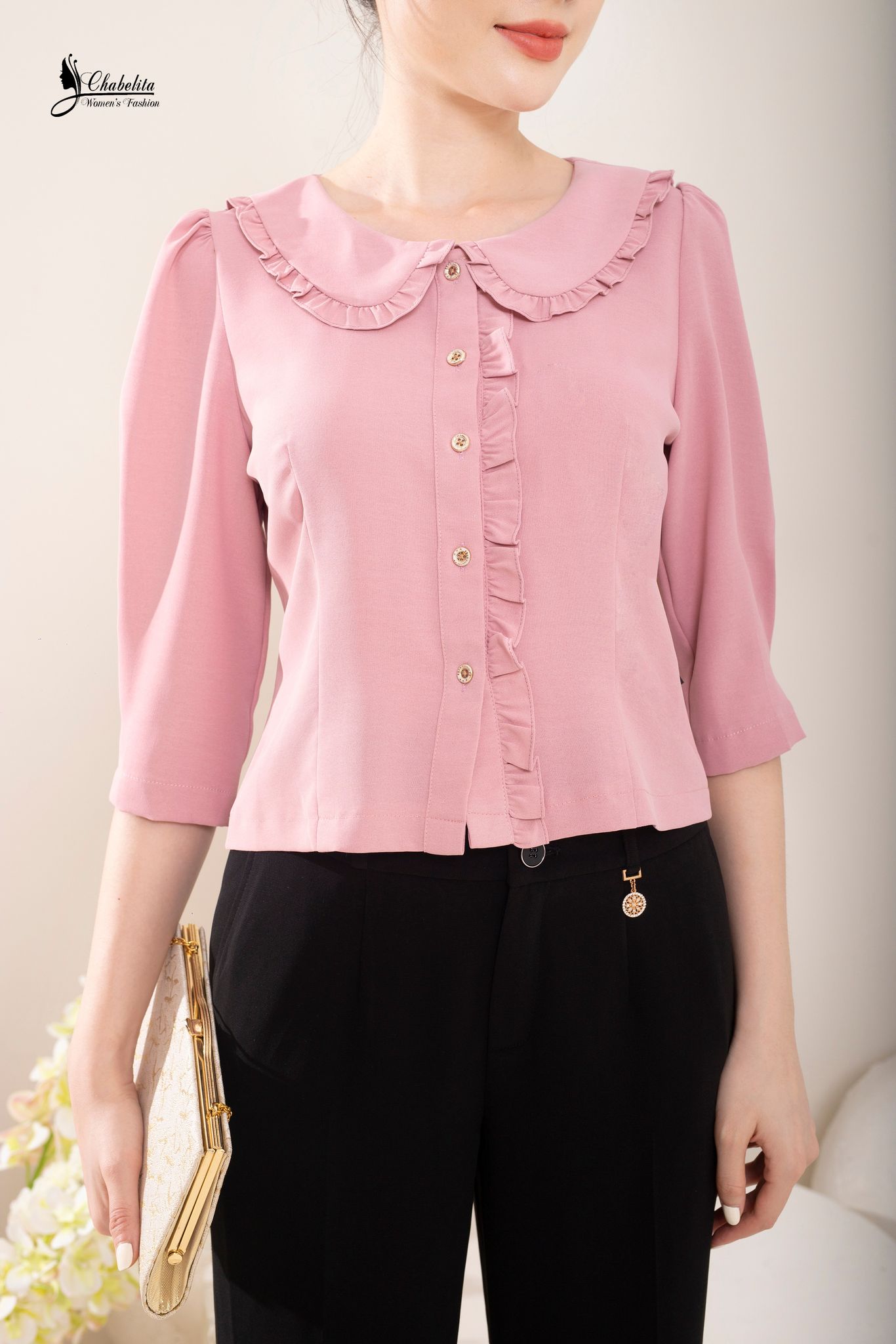 Sơ mi bèo dài tay màu hồng