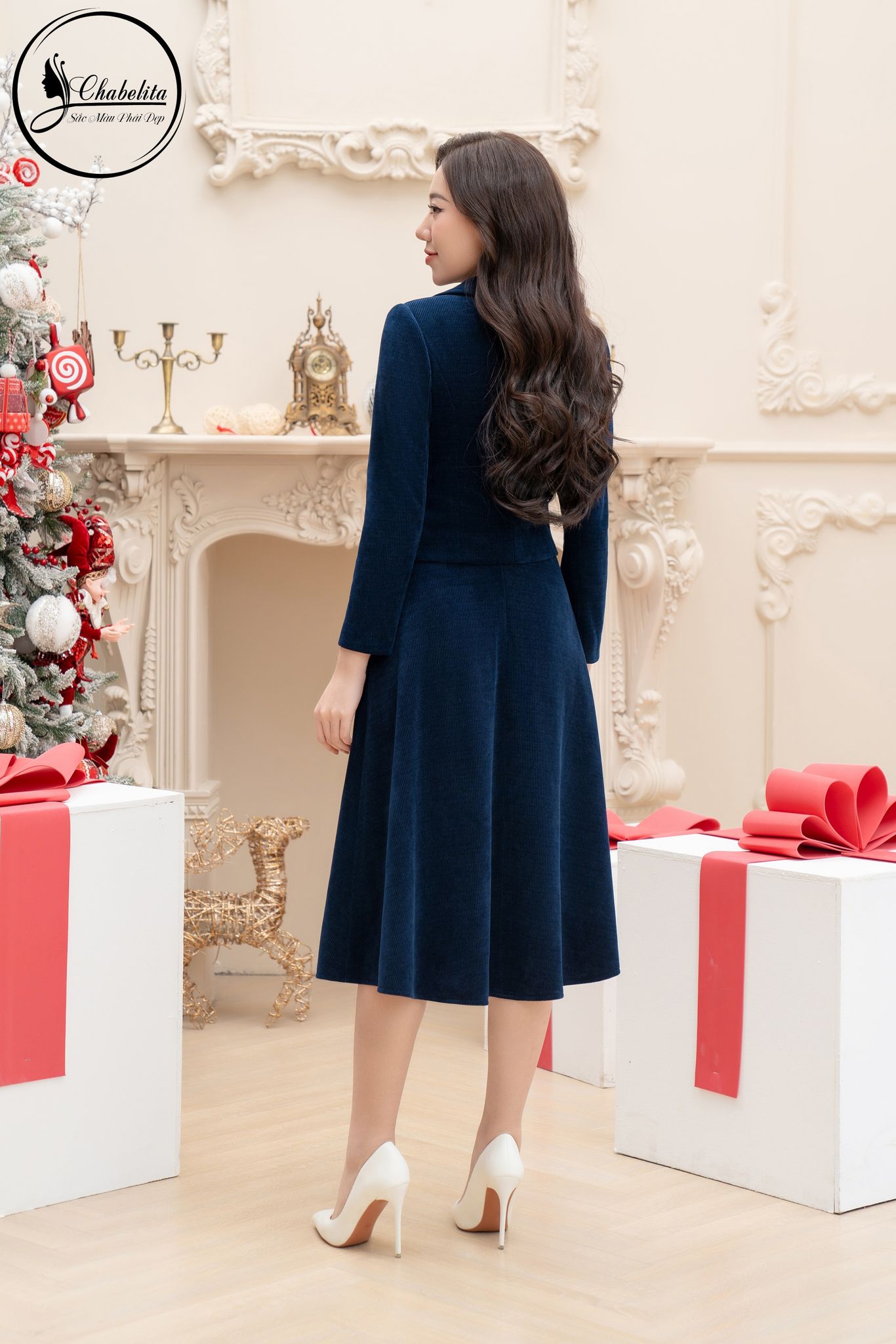 Sét bộ vest nhung màu xanh